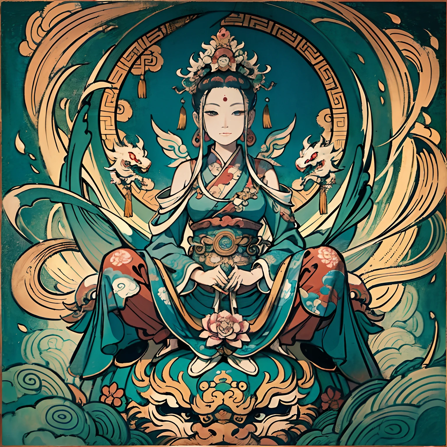 an ancient Chinese goddess, guanyin of the southern seas, Guanyin, Inspired by India, Avalokiteshvara rides a dragon,,Serene expression,shui mo hua,Buddha,Buddhist,Lotus,Chinese painting style,Thangka style