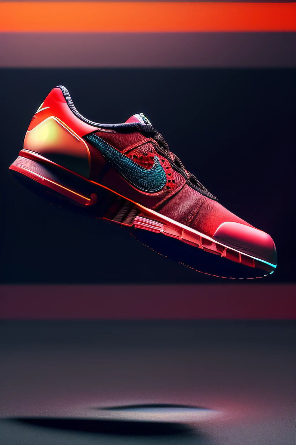 Create a detailed image of a single Nike shoe. The shoe has a futuristic design, predominantly dark red. It has a sturdy sole and visible shock absorbers. The side of the shoe features the iconic Nike logo, hyper-detailed, seamless and a mix of materials that provide comfort and support. The background of the image should be dark with light reflecting off the back, the sneaker is floating in space like an asteroid of light. Please also describe any standout elements that make this shoe unique."
Parameters: temperature = 0.7, max tokens = 100