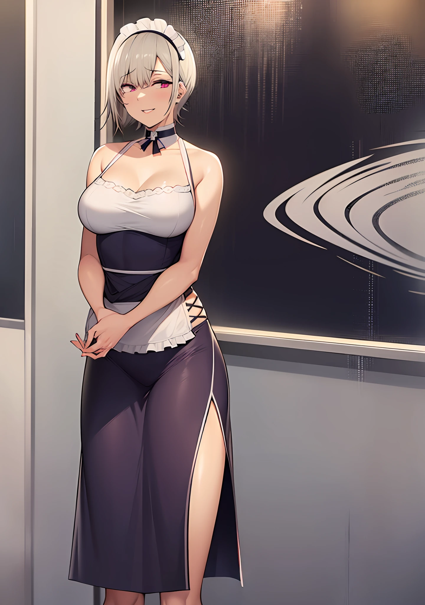 ((((masterpiece, best quality, high resolution)))), 1girl, white hair, purple eyes, short wavy hair, average breasts, blush, light smile, parted lips, glow, thighs, bare shoulders, collarbone, narrow waist, cleavage, (beautiful detailed face, beautiful detailed eyes), long slender thighs, perfect eyes, (bikini, maid apron, maid headband), (sunbeam, sunlight, rose, wind, cafe)