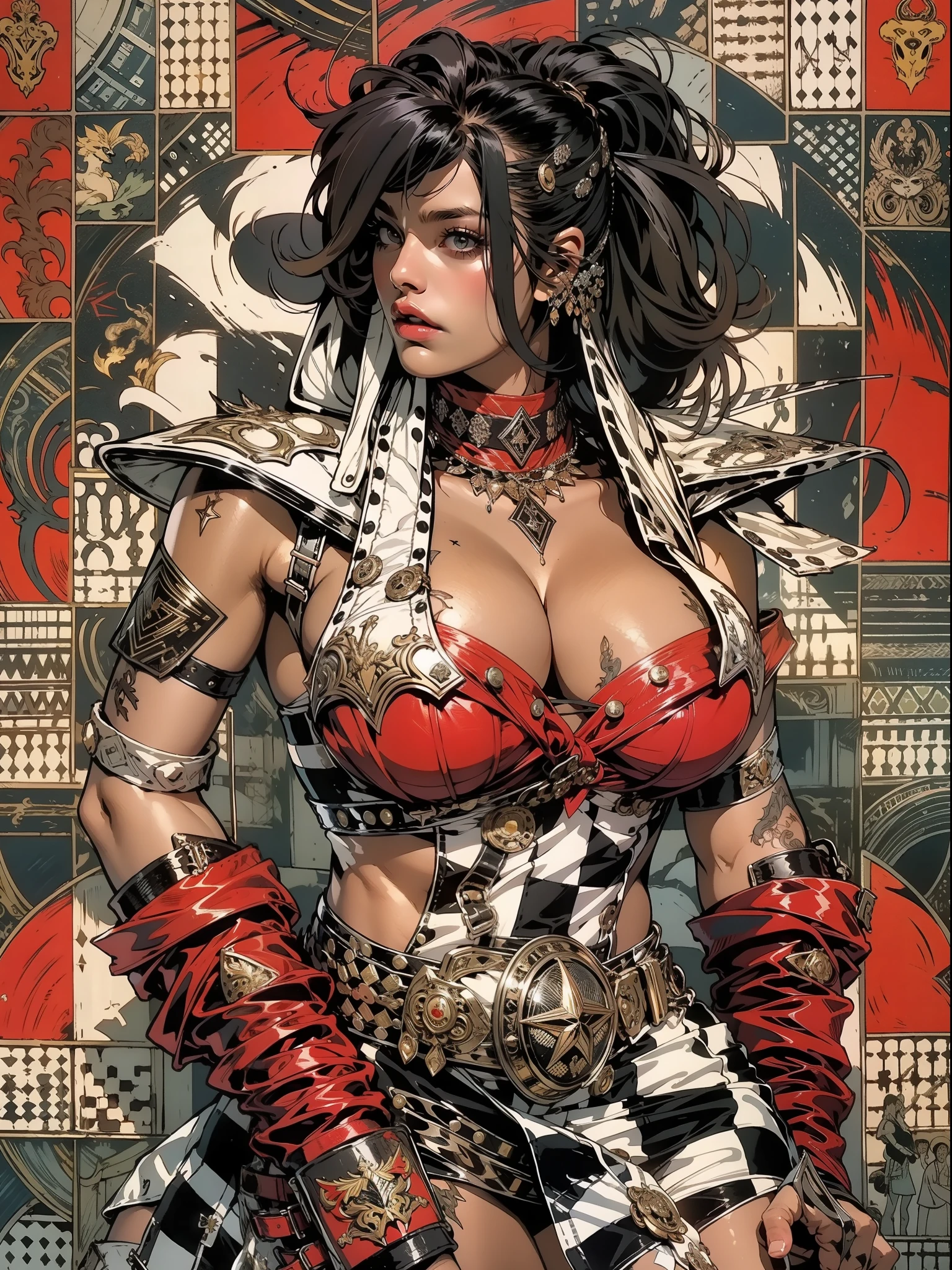 (((mulher))), (((melhor qualidade))), (((obra prima))), (((adulta))), Uma guerreira mulher de 35 anos com corpo perfeito, Brooklyn Gladiators, (( under boobs )), quase nua no estilo selvagem urbano de Simon Bisley para a capa da revista Heavy Metal, cabelo loiro, Minimum clothing, red and white checkered pattern, armadura, cheio de pontas e rebites, tatuagem tribal, (((do joelho pra cima))), cabelo desalinhado