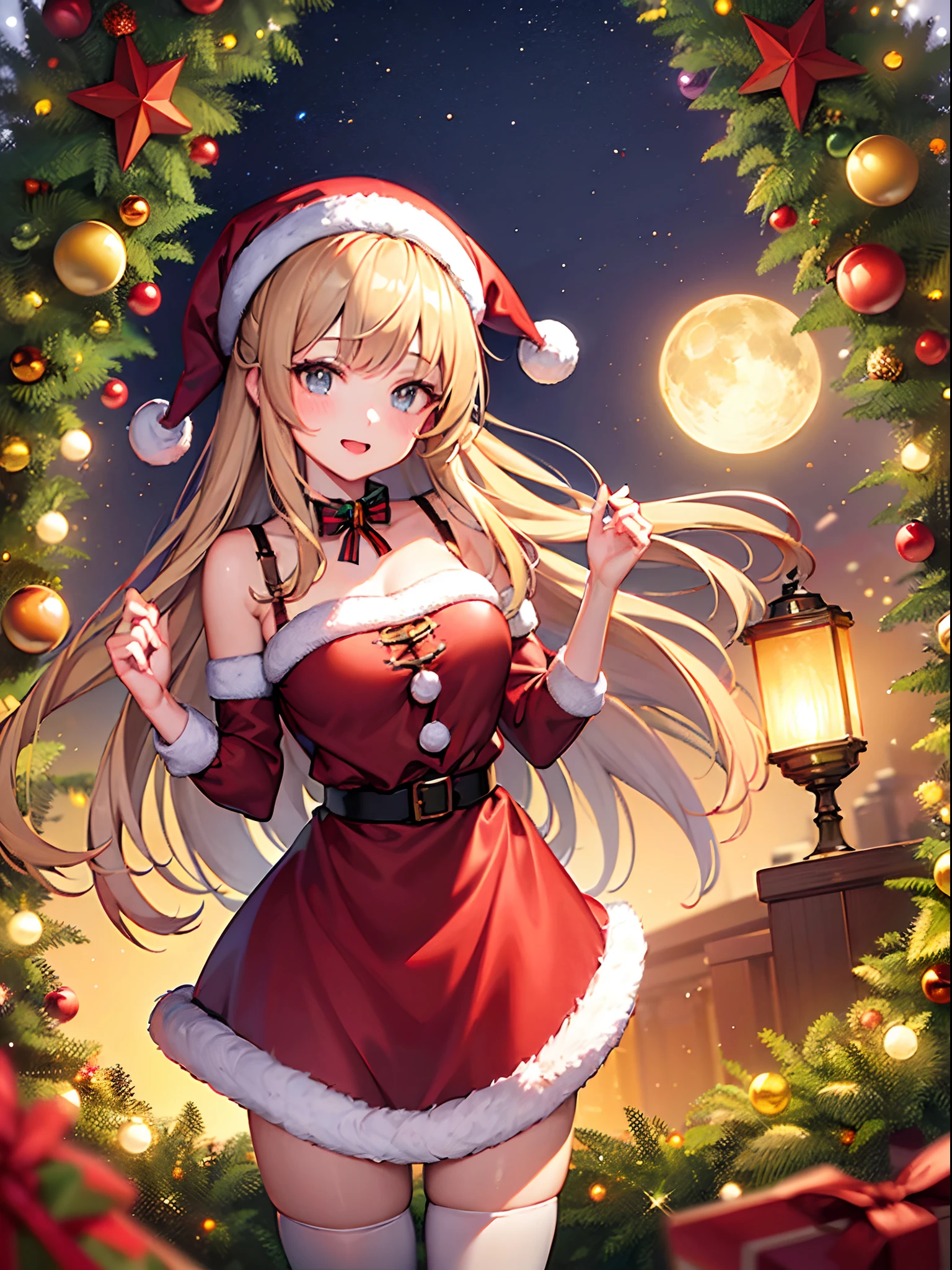 (best quality, masterpiece:1.3), illustrations, anime, very high resolution, large filesize, full color, beautiful detailed glow, front light, 1girl, Christmas, santa costume, magical girl, Christmas decorations,