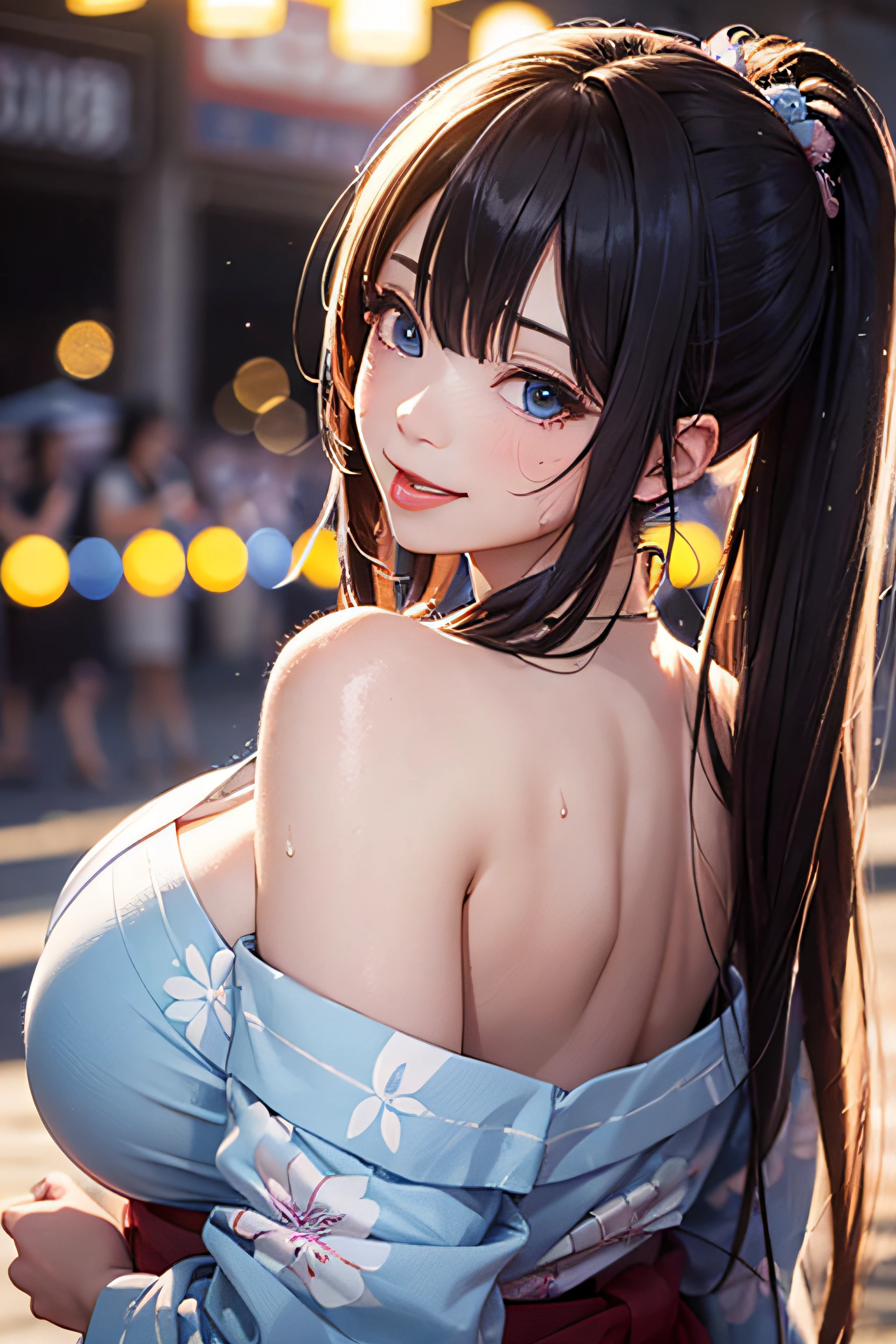 8K picture quality、top-quality、masutepiece、An ultra-high picture quality、ultra-detailliert、Ultra-realistic hair quality、Vibrant colors、Beautuful Women、Beautiful long hair、Shiny hair、detailed hairs、composed々Light hair color、poneyTail、Blue eyes、One small mole around the eye、shinny skin、Lace underwear、Very gigantic-breasts、Sweat on the forehead and cheeks、extremely big ass、Fluffy off-shoulder yukata、A smile、soft pink lips、Ultra-realistic flesh feeling、Red cheeks、summer festival in background