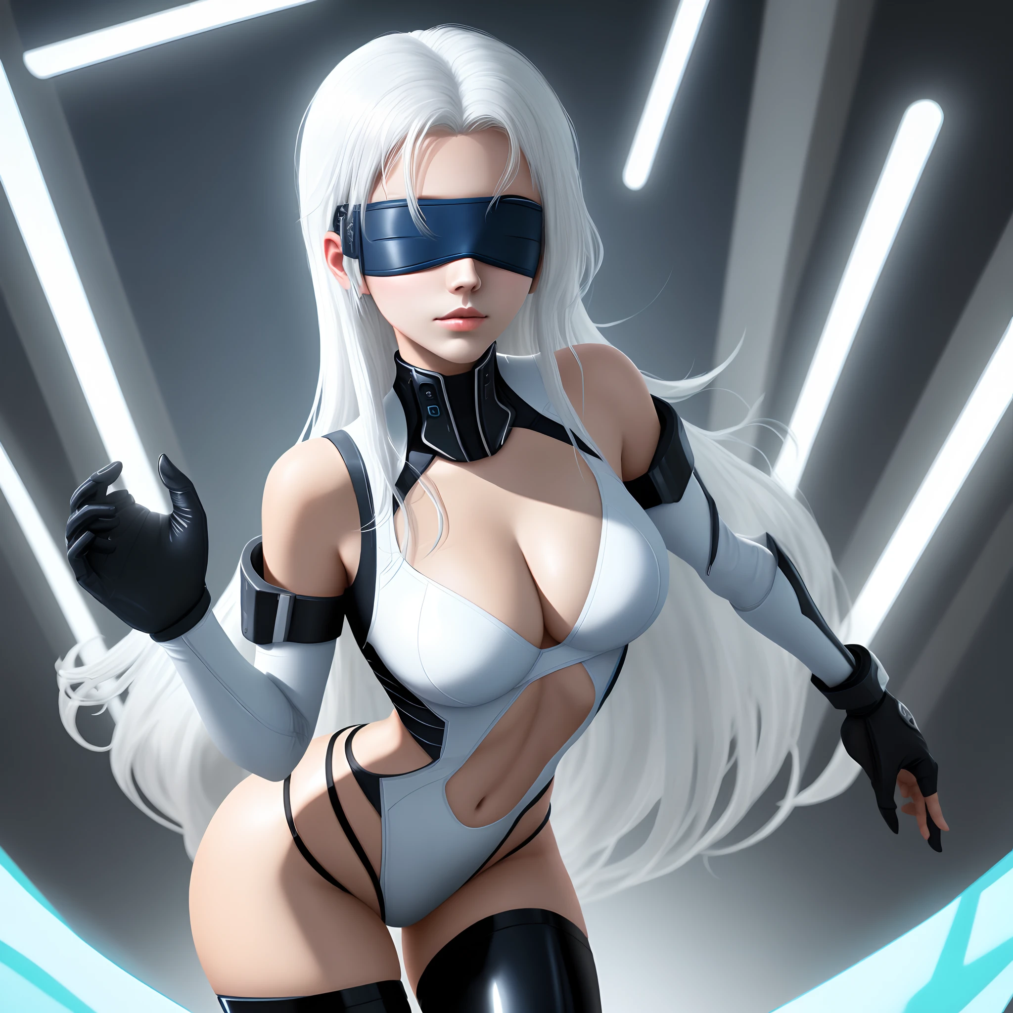 cyber punk perssonage,nedium breasts,cleavage,underdressing,white panties,white color hair,leather clothes,perfect bodies,1girl,looking toward the viewer,girlfriend,blindfolds,Thigh crevices,latex,long whitr hair,blue color eyes,light blue clothes