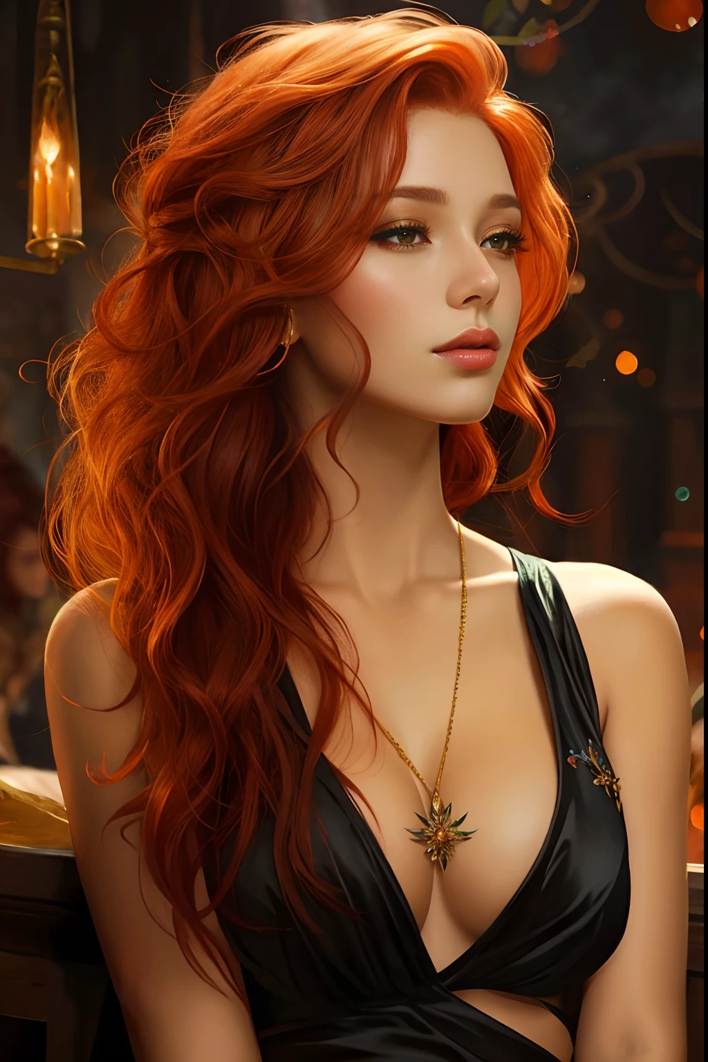 uma mulher com cabelo vermelho e um colar em um vestido preto, Deusa dos cabelos ruivos, pintura de personagem bonita, retrato bonito da arte da fantasia, lindo pintura digital, Redhead Girl, arte de personagem impressionante, pele laranja e cabelo ardente longo, mulher ruiva bonita, Donzela com cabelo de cobre, mulher ruiva, arte de fantasia hiperrealista, flowing ginger hair, epic fantasy art portrait, pintura de fantasia realista