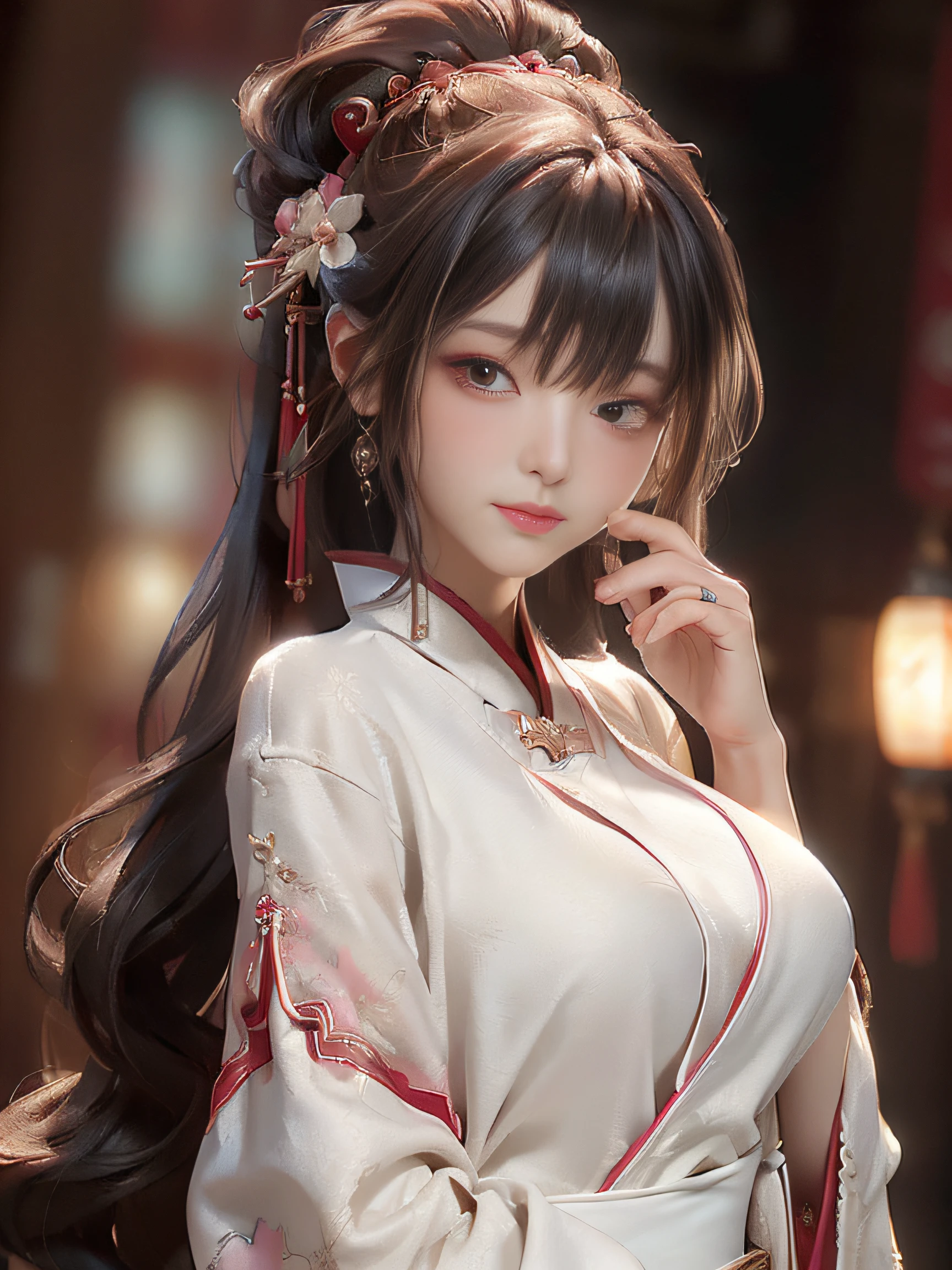 best quality, masterpiece, highres, (exquisite body:1.5),gorgeous face,(milky skin:1.3),intricate details,high resolution,wallpaper,
1girl, solo, dress, hair ornament, (((gold and red dress))), flowers, long hair, brown hair, closed mouth, jewelry, long sleeves, hand up, wide sleeves, big eyes,floating hair, chinese clothes, hanfu, embroidery, long skirt, natural pose, falling petals, indoor,fanning, lantern,
16K,HDR,highres,depth field,(film grain:1.1),boken,golden hour,(lens flare),vignette,rainbowing,(color grading:1.5)