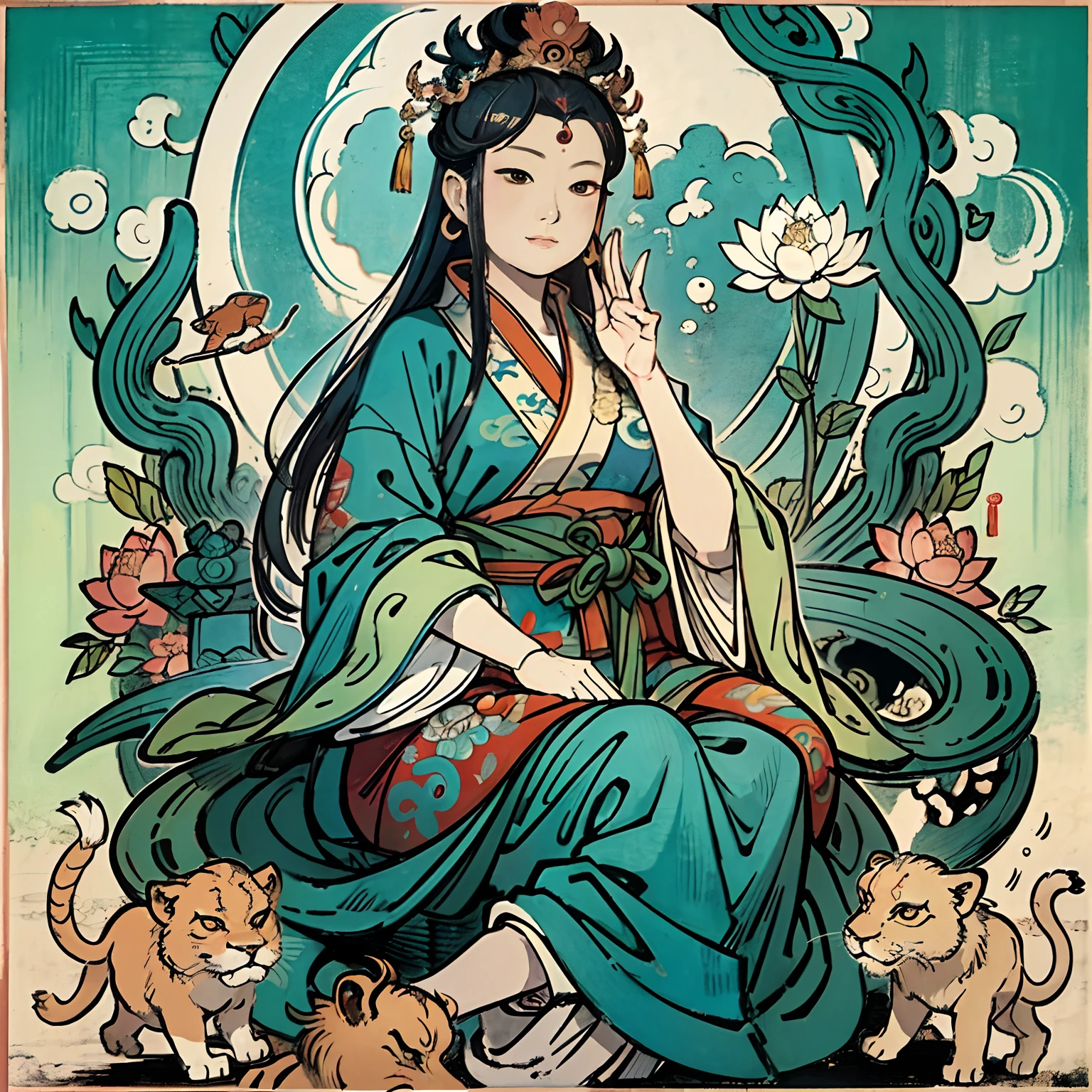 an ancient Chinese goddess, guanyin of the southern seas, Guanyin, Inspired by India, Avalokiteshvara rides a lion,,Serene expression,shui mo hua,Buddha,Buddhist,Lotus,Chinese painting style,Thangka style