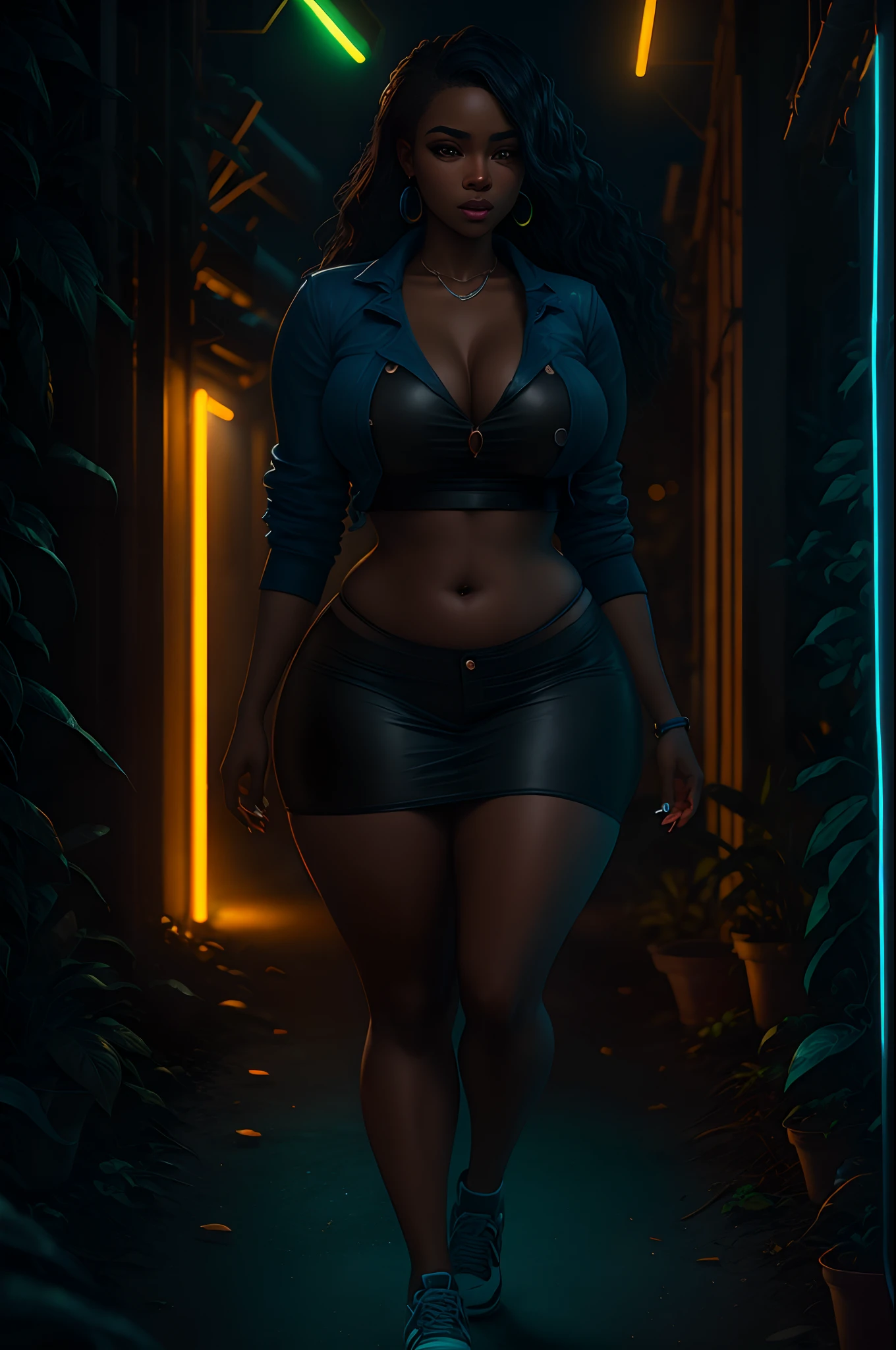 Black woman beautiful face and curvy body, standing in a blue neon lit banana plantation, night time, photorealistic image, 8k, ultra HD, unreal engine rendered, cinematic lighting, artgerm style,