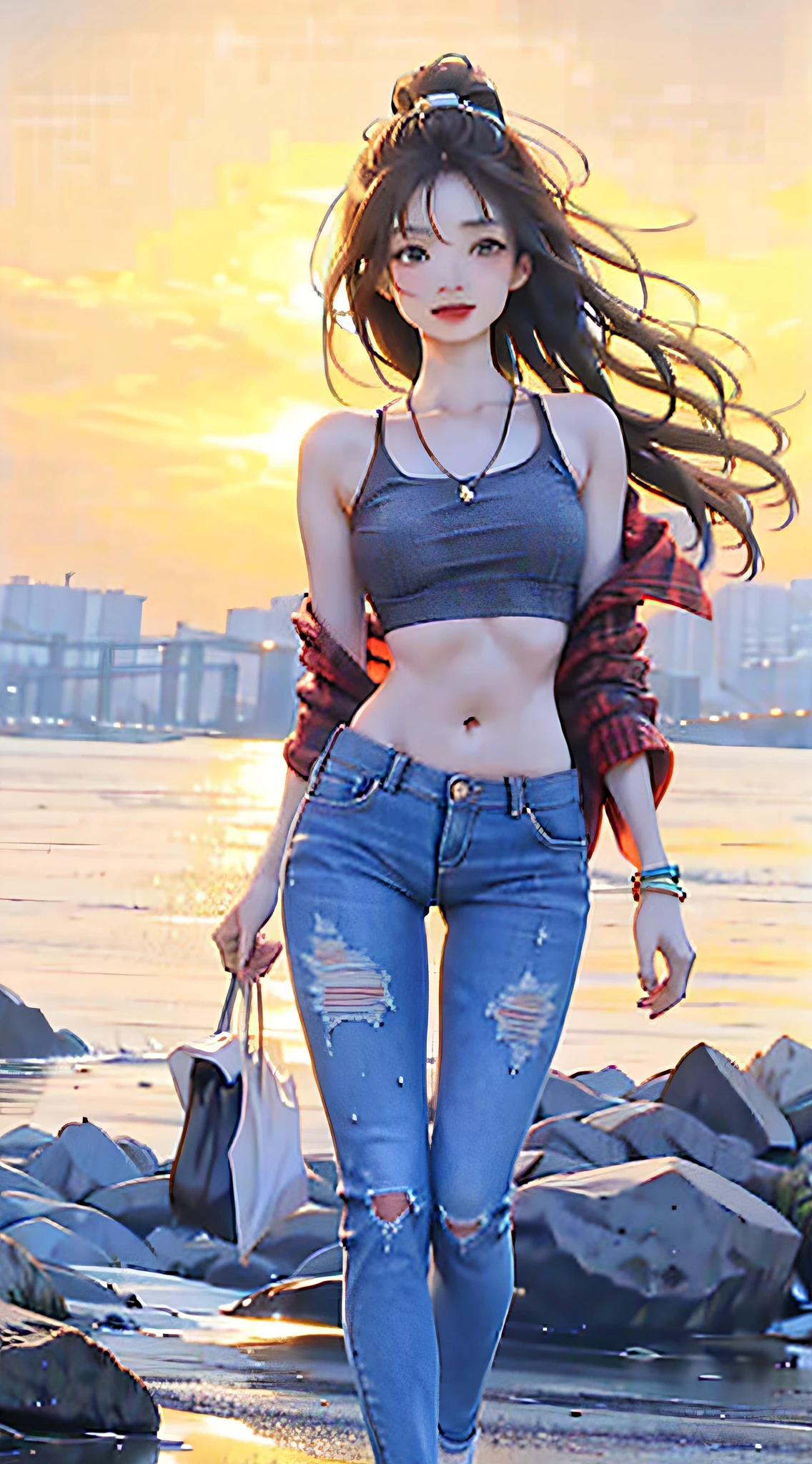 Woman in jeans on the beach,Dancing sexy,Full body shooting:1.8(RAW photogr,超高分辨率,tmasterpiece,best qualtiy:1.4),Complicated details, 20 year old Asian girl,Wear a skinny crop top(Cultivation,Fit snugly to the body)and fashion jeans,Ultra-realistic and detailed costumes,Detailed beach,A sweet smile appeared on the little face,The face is white and tender,skin lightening,Ultra-realistic facial details,Beautiful accessories,Playful and coquettish pose,The calves are straight and slender:1.5,Wear high-end branded travel shoes:1.5,eventide,warm color,Broad lighting,naturalshadow,taking a full body photo:1.8
