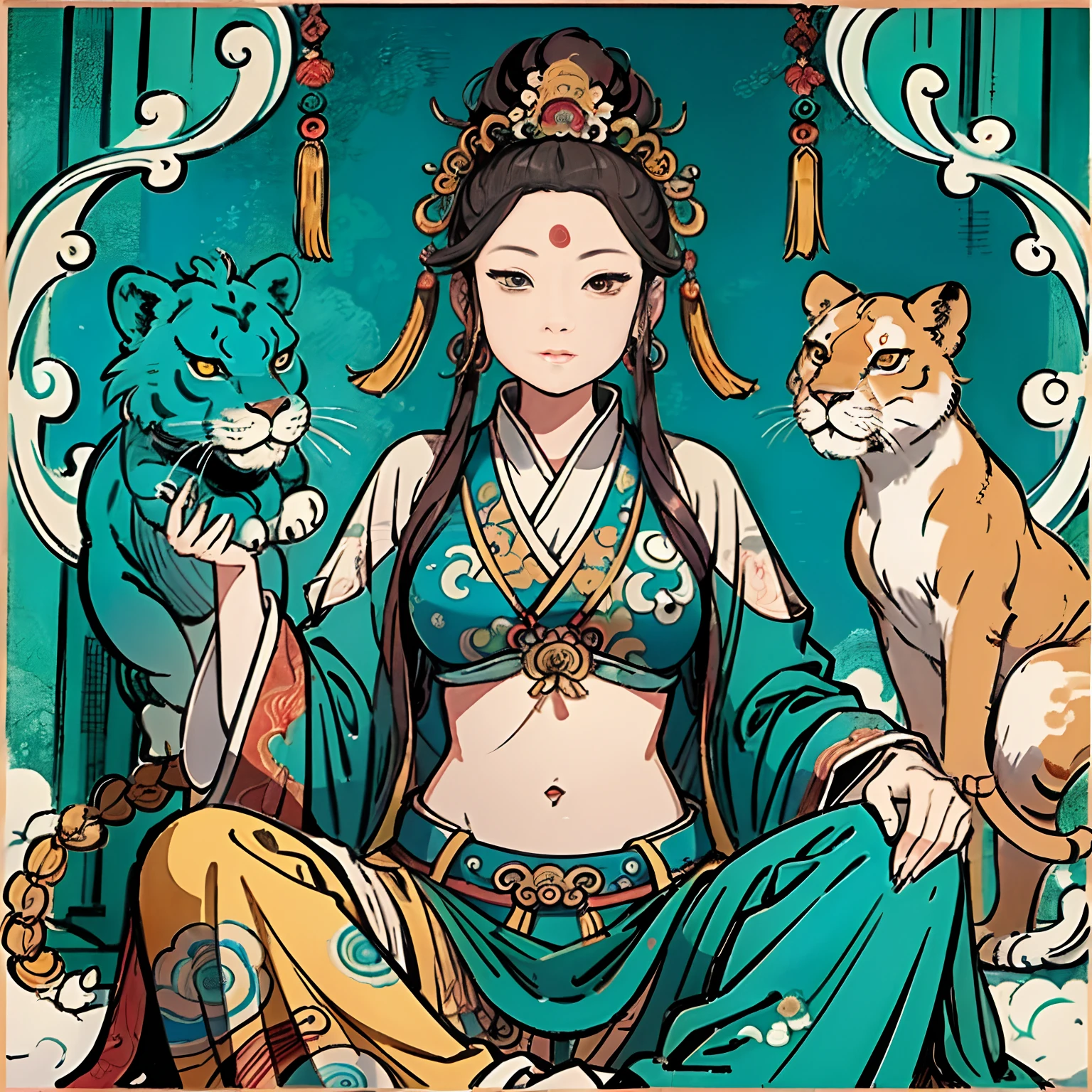 an ancient Chinese goddess, guanyin of the southern seas, Guanyin, Inspired by India, Avalokiteshvara rides a lion，,Serene expression,shui mo hua,Buddha,Buddhist,Lotus,Chinese painting style,Thangka style