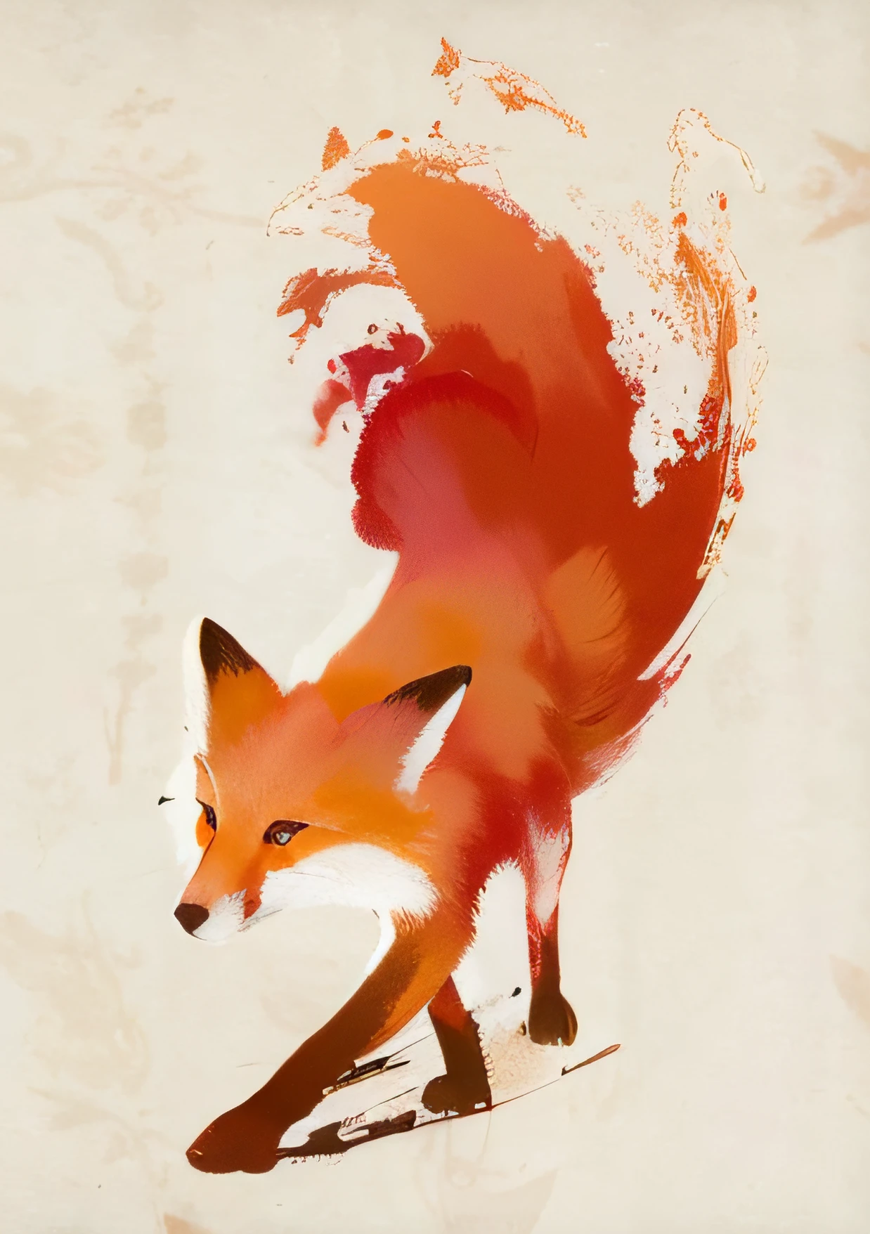 uma pintura de uma raposa com uma longa cauda e uma cauda, animal raposa, Rabo de Raposa, raposa caprichosa, raposa, Foxy, raposa nobushi, stylised fox - like appearance, raposa digital, painterly illustration, fantasia raposa amor, ethereal fox, uma tatuagem de uma raposa, Raposas, illustration!, three - tailed fox, anthropomorphic fox