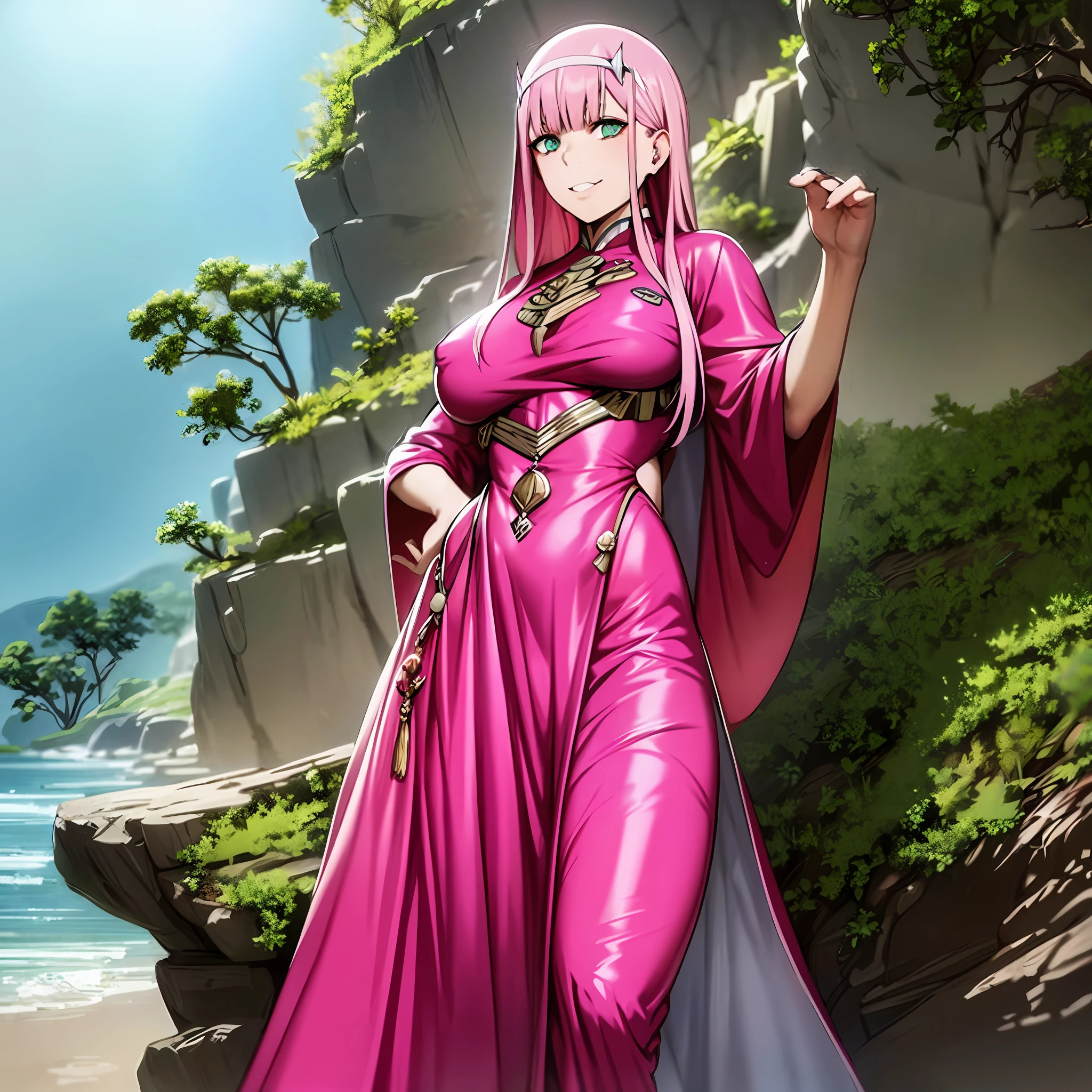 masterpiece, best quality, 1girl, looking at viewer, cute, beach, sunlight, ocean, medium breasts, thighhighs, black thighhighs, green eyes, zero two \(darling in the franxx\), pink hair, beautiful detailed eyes, beautiful detailed glow, lots of glow, arms behind head, embarrassed,, long dress, walking, long skirt, modest, victorian clothing, lodress, pants, smile, big breast, long skirt, skirt, pants, flipflops, priestess