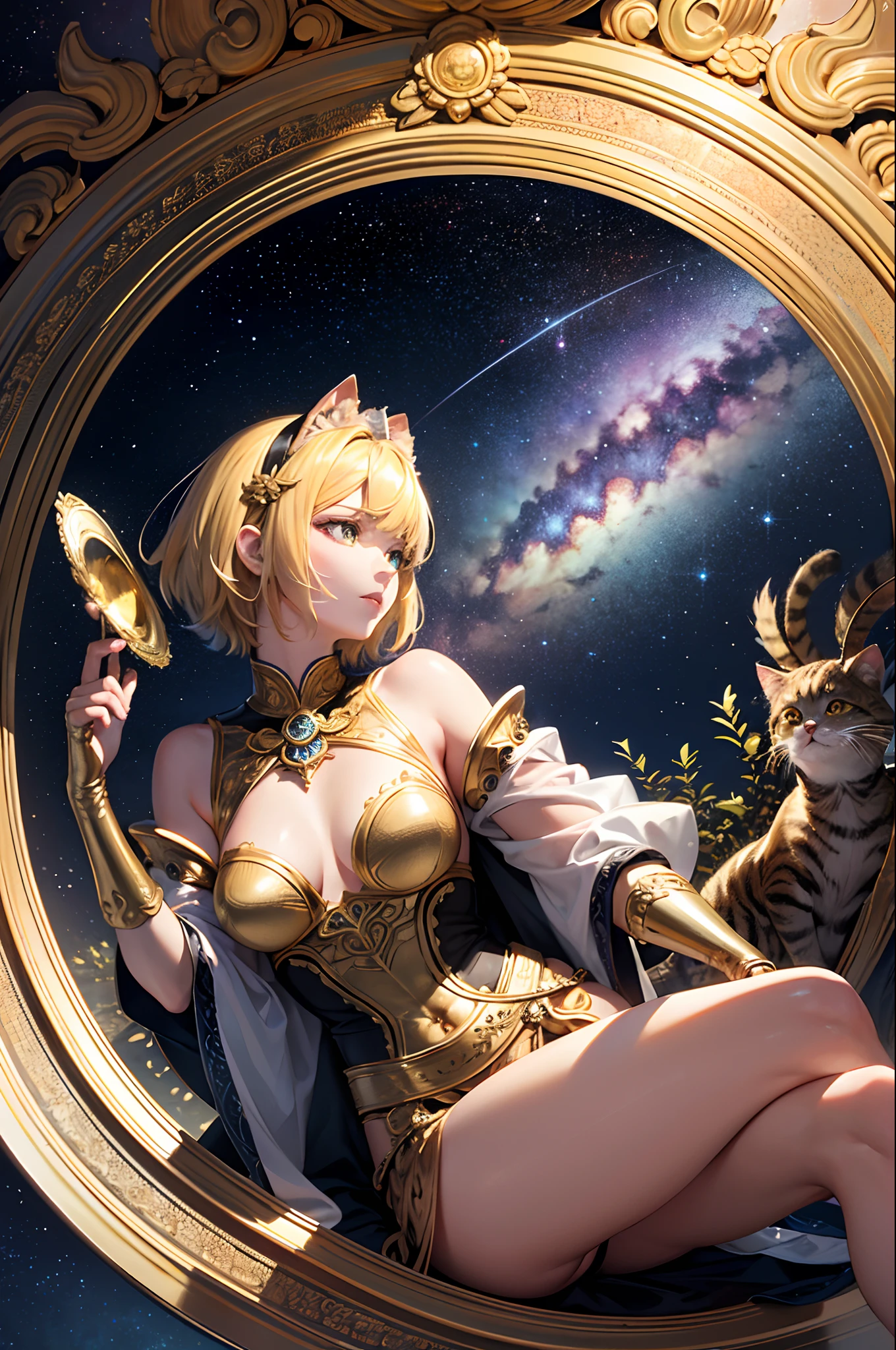 Realistic, (Masterpiece, Top Quality, Best Quality, Official Art, Beautiful and Aesthetic: 1.2), Very Detailed, Fractal Art, Colorful, Most Detailed, Leo, (Abstract Background: 1.5) (1girl: 1.3), (Cat class), yellow hair, bright eyes, earnest, combed back, short hair, , milky way, huge magical gold Leo astrolabe,dream,fantasy, gold trim,beautiful detailed sky,Style and Decoration for Leo, leo goddess,(nsfw:0.8)
delicate refective and high glass guardrail board