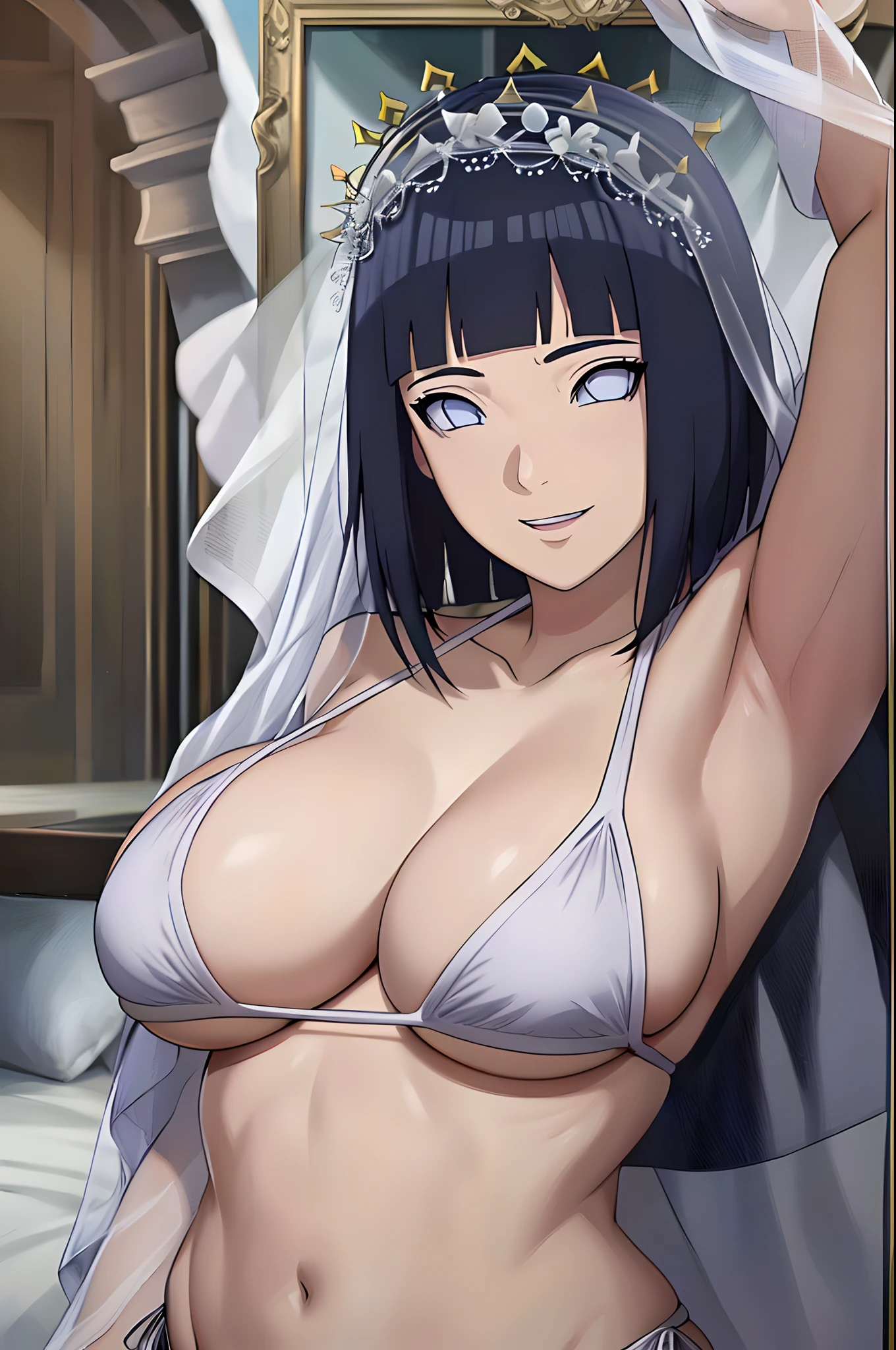 (WALLPAPER, masterpiece, 1k, anime style:1.9, ((inside photo frame), photo, detailed beach background, looking at viewer, big breasts, big boobs, open mouth, high color saturation, bold lines, bold drawing lines, (strong arms, armband, flat belly, groin, hands behind back), detailed bold arm lines), (strong arms, armband), strong light on body, plain, bare body, (large breasts, perky boobs), minimum clothing, taking off shirt, bare shoulders, bare chest, polished nails, seductive, (very tight plain white micro bikini, wedding veil, wedding crown), no shirt, showing off), hinata\(boruto\), mature female, sunbathing, milf, (curvy:0.8), solo, (medium hair, hime cut), (dark blue hair color:1.1), white, flat belly, perfect eyes, white sciera, white eyes, anime eyes, smoky eyeliner, eyeshadow, perfect face, shy, sharp focus, professional artwork, intricate details, colorful, vibrant colors, vivid colors, digital blending, ultra detailed body, ultra detail hair, ultra detail face, trending on pixiv, smile, happy, very hot colors, sunny day, outdoor,