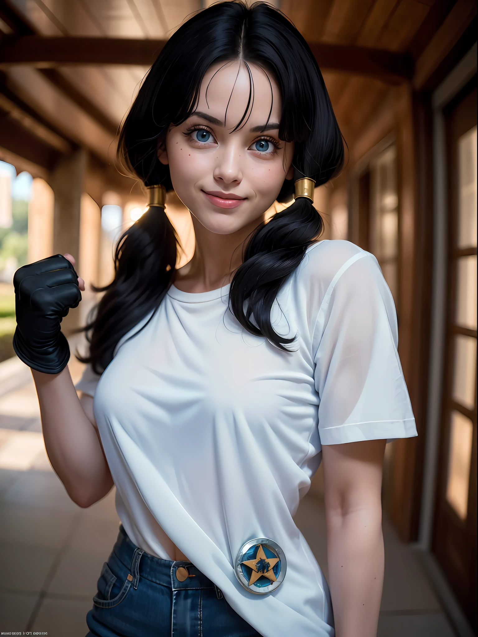 ((Masterpiece:1.4)), (high resolution:1.4), (leaning forward:1.5), (smile), videl2, solo, blue eyes, black hair, twintails, black gloves, bike_shorts, bangs, white shirt, badge, medium breasts, cowboy shot, smile, arm behind back, garden, looking at viewer, beautifull smile, beautiful face, highly detailed skin, skin pores,(highly detailed face:1.1), (highly detailed eyes:1.1), realistic pupils, full face blush, full lips, (perfect anatomy:1.1), (perfect proportions:1.1), (photography:1.1), (photorealistic:1.1), volumetric lighting, dynamic lighting, real shadows, (highres:1.1), sharp focus, rembrandt lighting, (realistic, hyperrealistic:1.4), intricate, high detail, dramatic, subsurface scattering, big depth of field, vivid, polished, sharpened, ((full Sharp)), (extremely absurdres),16k hdr,