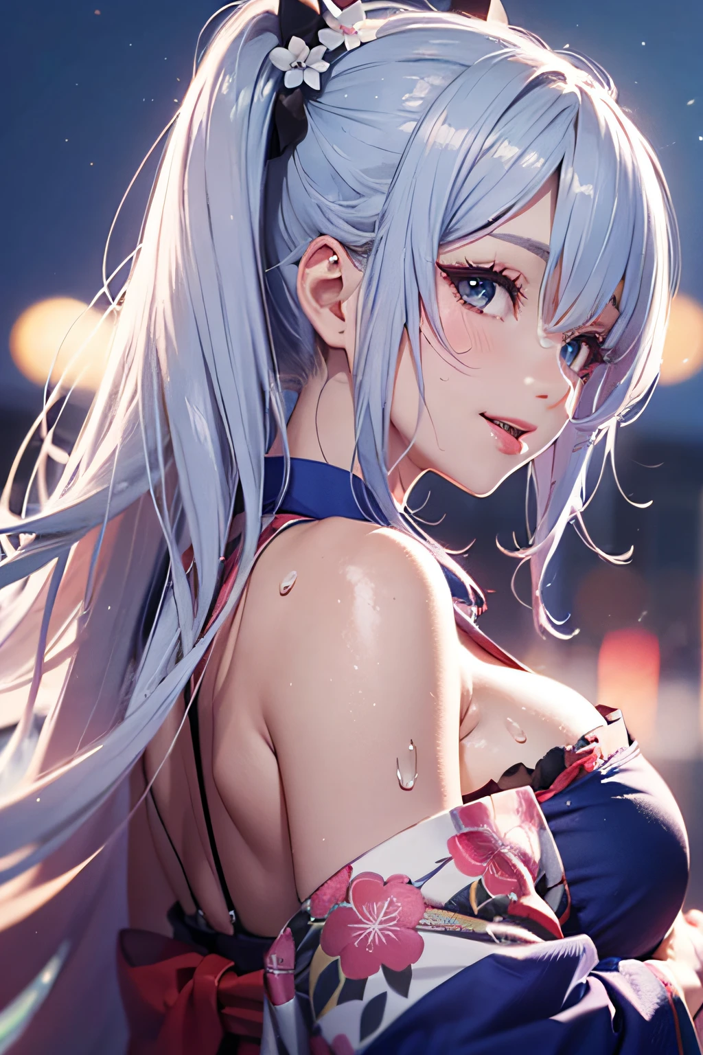 8K、top-quality、masutepiece、An ultra-high picture quality、ultra-detailliert、Ultra-realistic hair quality、Vibrant colors、Fluffy off-shoulder yukata、A smile、pink tongue、Ultra-realistic flesh feeling、Red cheeks、Beautuful Women、Beautiful long hair、smooth hair、detailed hairs、blue hairs、poneyTail、Blue eyes、shinny skin、Very gigantic-breasts、Sweat on the forehead and cheeks、extremely big ass、summer festival in background