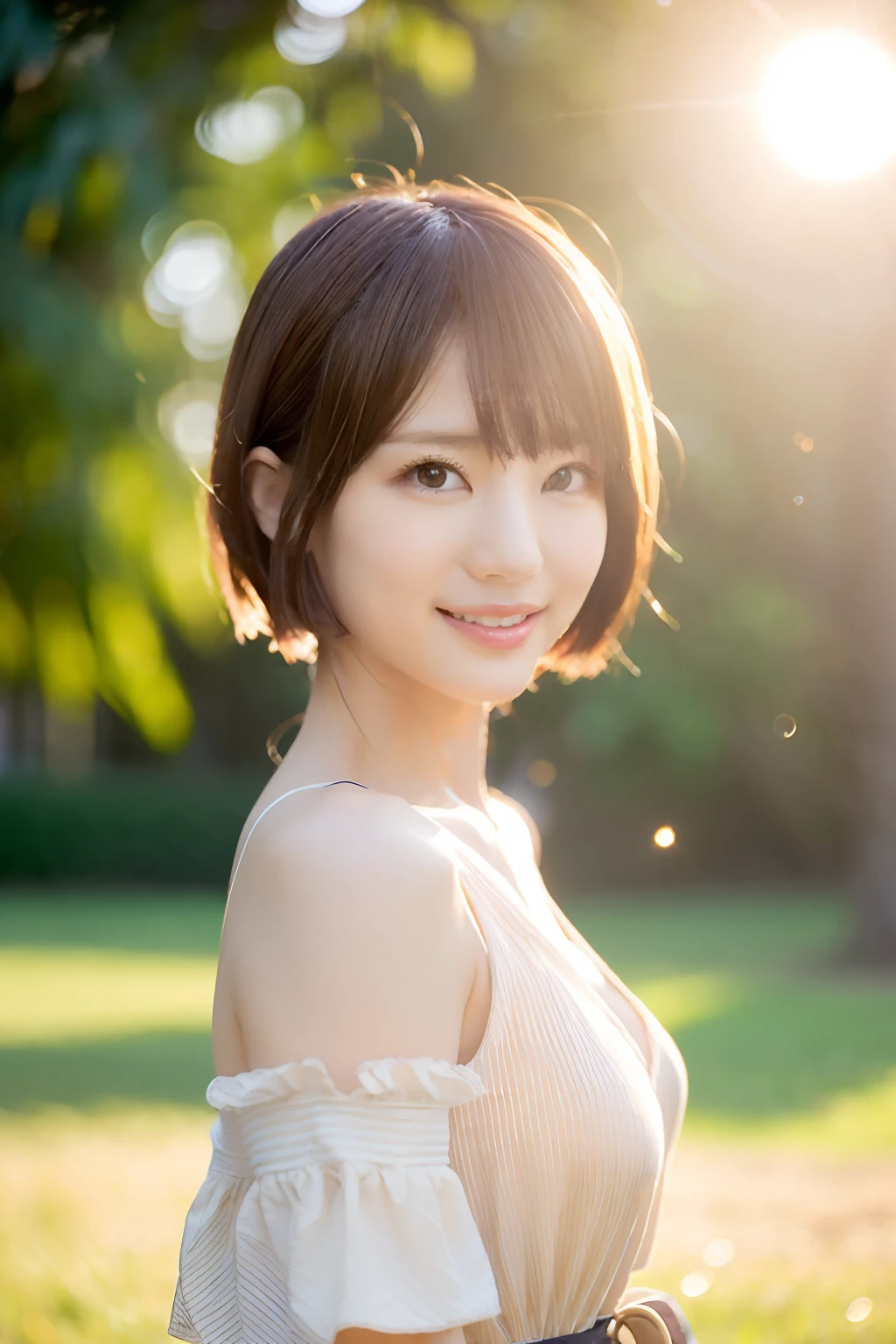 Girl 1, 26 years old, lips, lipstick, skirt, realistic, skirt, knit, (OL), solo, standing, top quality, photorealistic, masterpiece, 8k, high resolution, solo, (female)))), (small breasts: 1), (((watching the viewer)), (looking at the camera), (short hair), (professional lighting, bokeh), highly detailed face, Fashionable and trendy atmosphere, Japan, (office coordination), park, (((day)), (portrait: 0.6), seductive smile, gorgeous floating hair, (light particles, lens flare, glowing particles: 0.6), soft lighting, brown hair, full body, thin face,