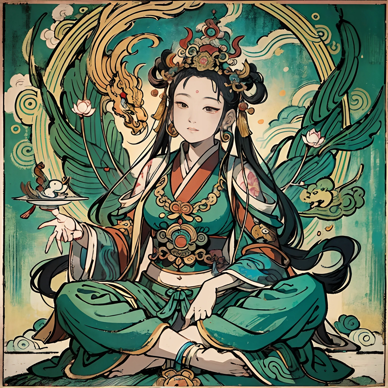 an ancient Chinese goddess, guanyin of the southern seas, Guanyin, Inspired by India, Avalokiteshvara rides a phoenix，,Serene expression,shui mo hua,Buddha,Buddhist,Lotus,Chinese painting style,Thangka style
