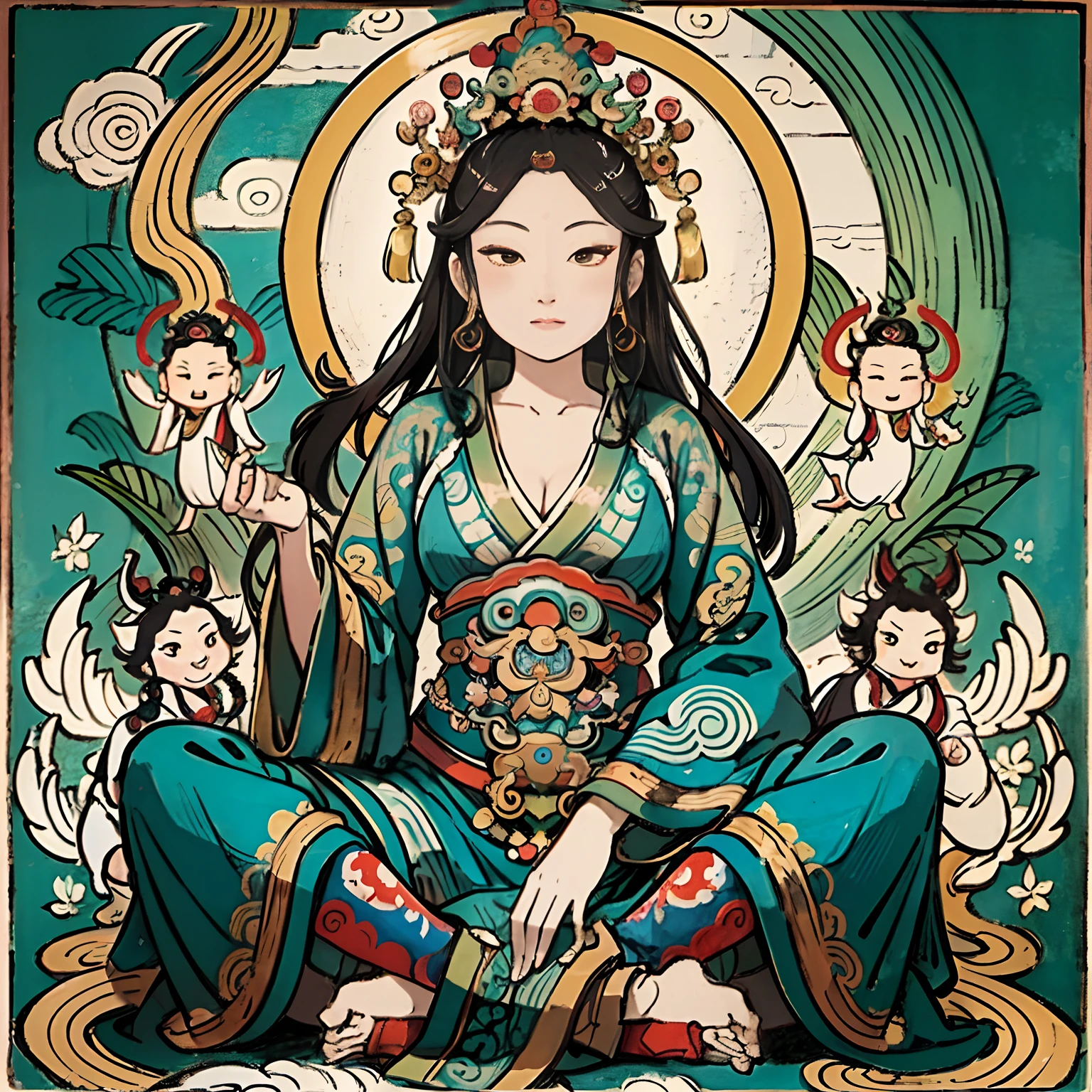 an ancient Chinese goddess, guanyin of the southern seas, Guanyin, Inspired by India, Avalokiteshvara rides a phoenix,,Serene expression,shui mo hua,Buddha,Buddhist,Lotus,Chinese painting style,Thangka style