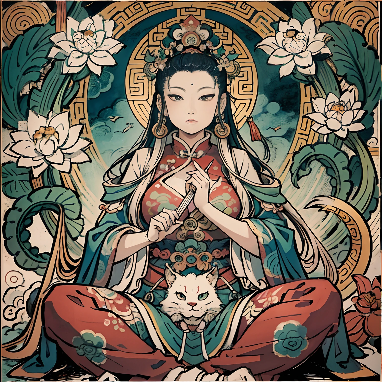 an ancient Chinese goddess, guanyin of the southern seas, Guanyin, Inspired by India, Avalokiteshvara rides a dragon，,Serene expression,shui mo hua,Buddha,Buddhist,Lotus,Chinese painting style,Thangka style