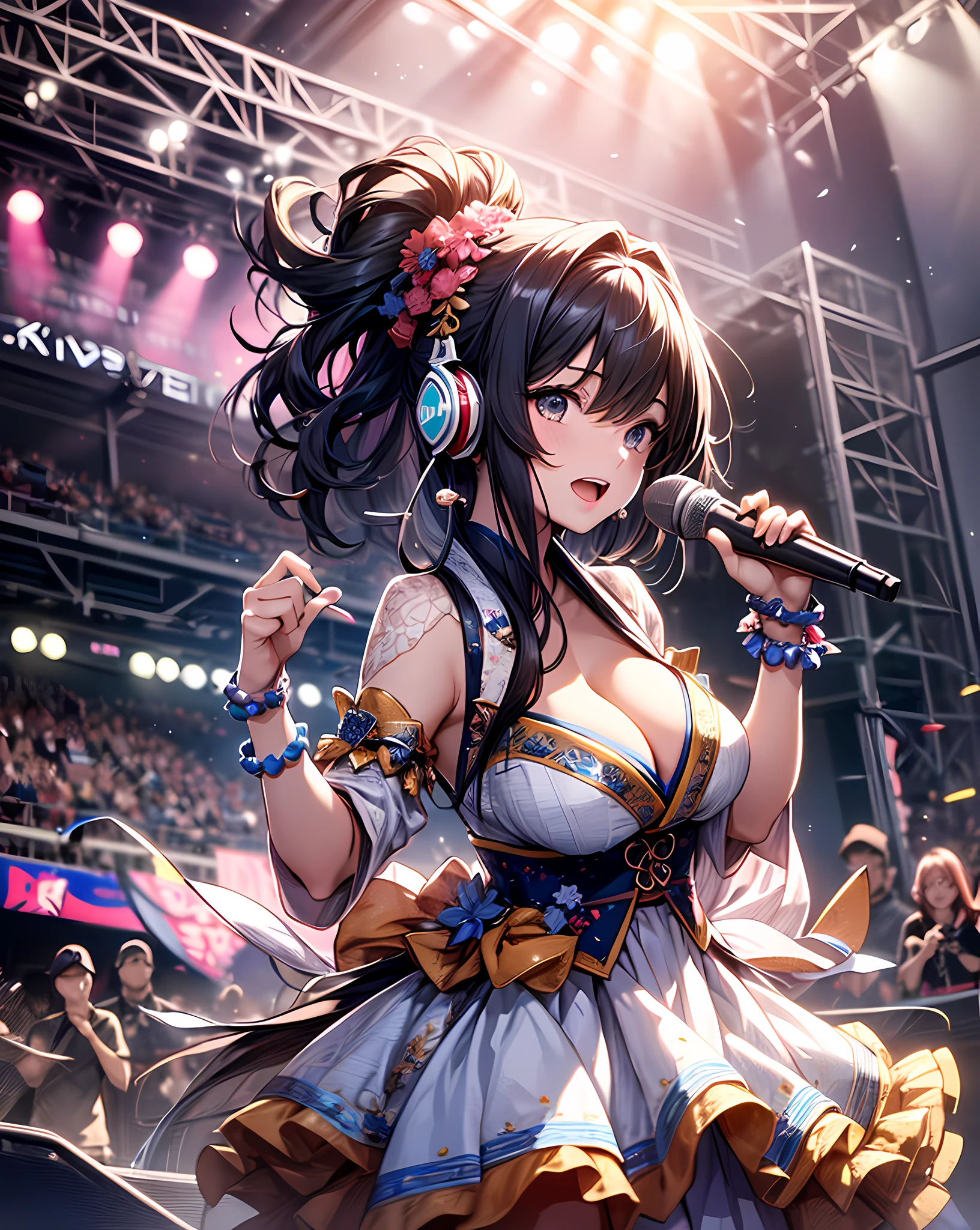 (Anime style:1.3), (Realistic, Photorealistic: 1.37), (Masterpiece, Best Quality: 1.37), (Ultra High Resolution: 1.2), (RAW Photo: 1.2), (Sharp Focus: 1.3), (Face Focus: 1.2), (Ultra Detailed CG Unified 8k Wallpaper: 1.2), (Beautiful Skin: 1.2), (pale Skin: 1.3), (Hyper Sharp Focus: 1.5), (Ultra Sharp Focus: 1.5), ( Beautiful pretty face: 1.3), (Japanese actress face:1.3), (super detailed background, detail background: 1.3), masterpiece, best quality, high res, ultra detailed, hyper sharp, absurdres, detailed face, white skin, real human skin, (detailed face), oval face, pores, from below, low angle, looking down the viewer, ultra high res, (8k, RAW photo, photorealistic:1.4), BREAK, 1girl, slim, (large-breast:1.37, cleavage), Illustration of a scene in which an idol singer is singing enthusiastically on a live stage.
The idol singer is standing in the center of the stage.
The idol singer is wearing a mini-skirt and boots.
The idol singer has her hair up and is wearing a headset.
The idol singer is holding a microphone and singing.
The idol singer's expression is serious and powerful.
The singer's voice is strong and beautiful.
Fans are gathered around the stage.
Fans are singing and dancing along with the idol singers.
The venue is filled with excitement.
This illustration shows the passionate live performance of an idol singer. Fans are fascinated by the idol singer's voice and performance. The venue is filled with excitement and the idol singer's live performance is a success.