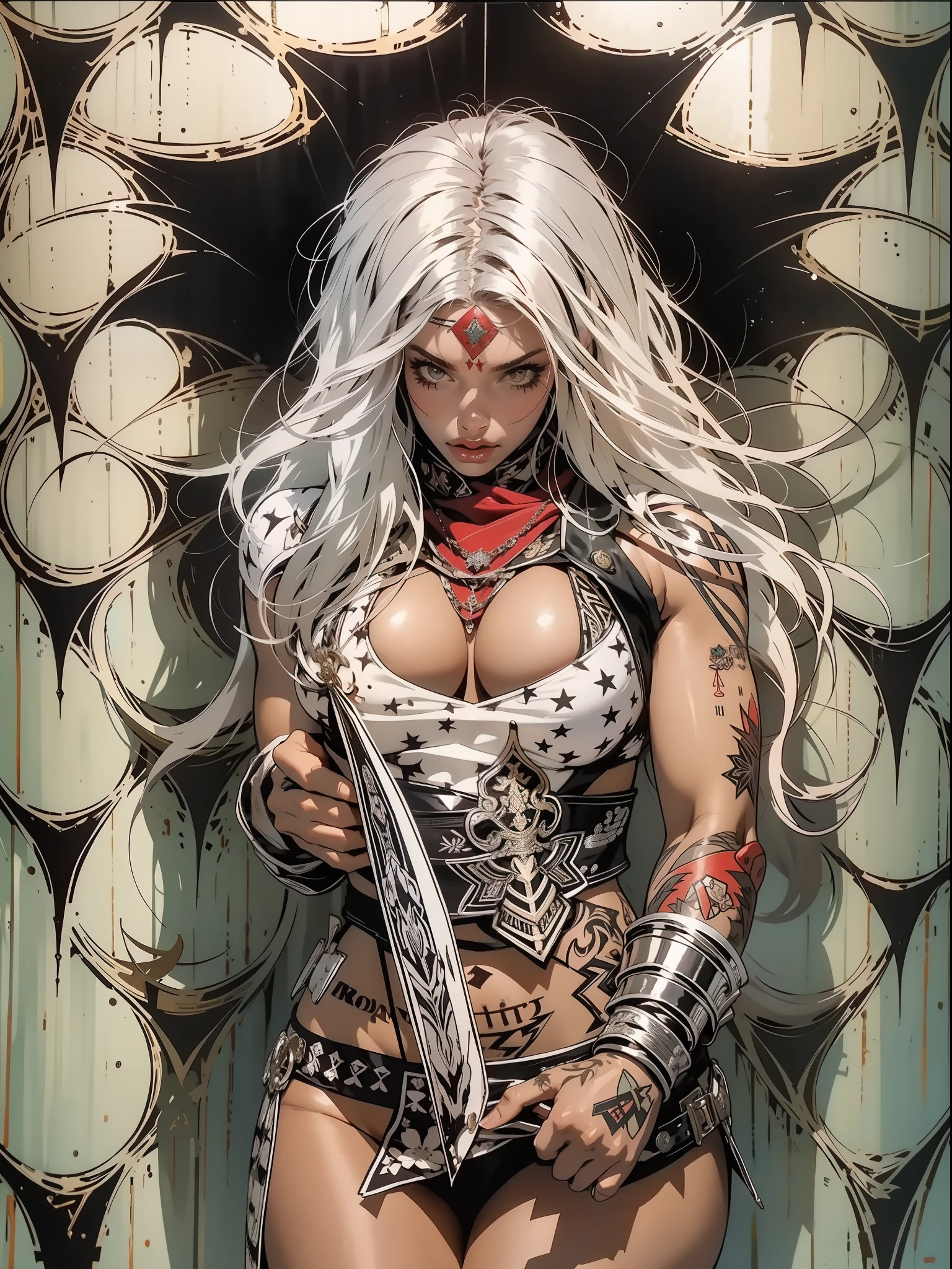 (((mulher))), (((melhor qualidade))), (((obra prima))), (((adulta))), Uma guerreira mulher de 35 anos com corpo perfeito, Brooklyn Gladiators, (( under boobs )), quase nua no estilo selvagem urbano de Simon Bisley para a capa da revista Heavy Metal, cabelo loiro, Minimum clothing, red and white checkered pattern, armadura, cheio de pontas e rebites, tatuagem tribal, (((do joelho pra cima))), cabelo desalinhado