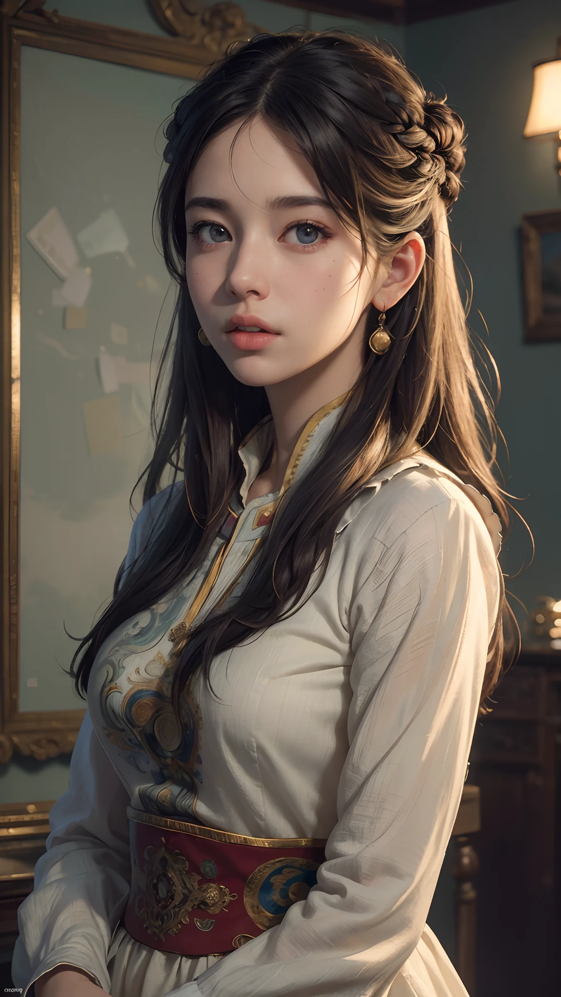 (RAW photo, best quality), (realistic, photo-realistic:1.3),best quality,highly detailed,masterpiece,ultra-detailed,illustration,1girl,upper_body,dynamic angle,world masterpiece theater,messy_long_hair,best quality,extremely detailed CG unity 8k wallpaper,ink,Amazing,cinematic lighting,lens_flare,,dunhuang_style