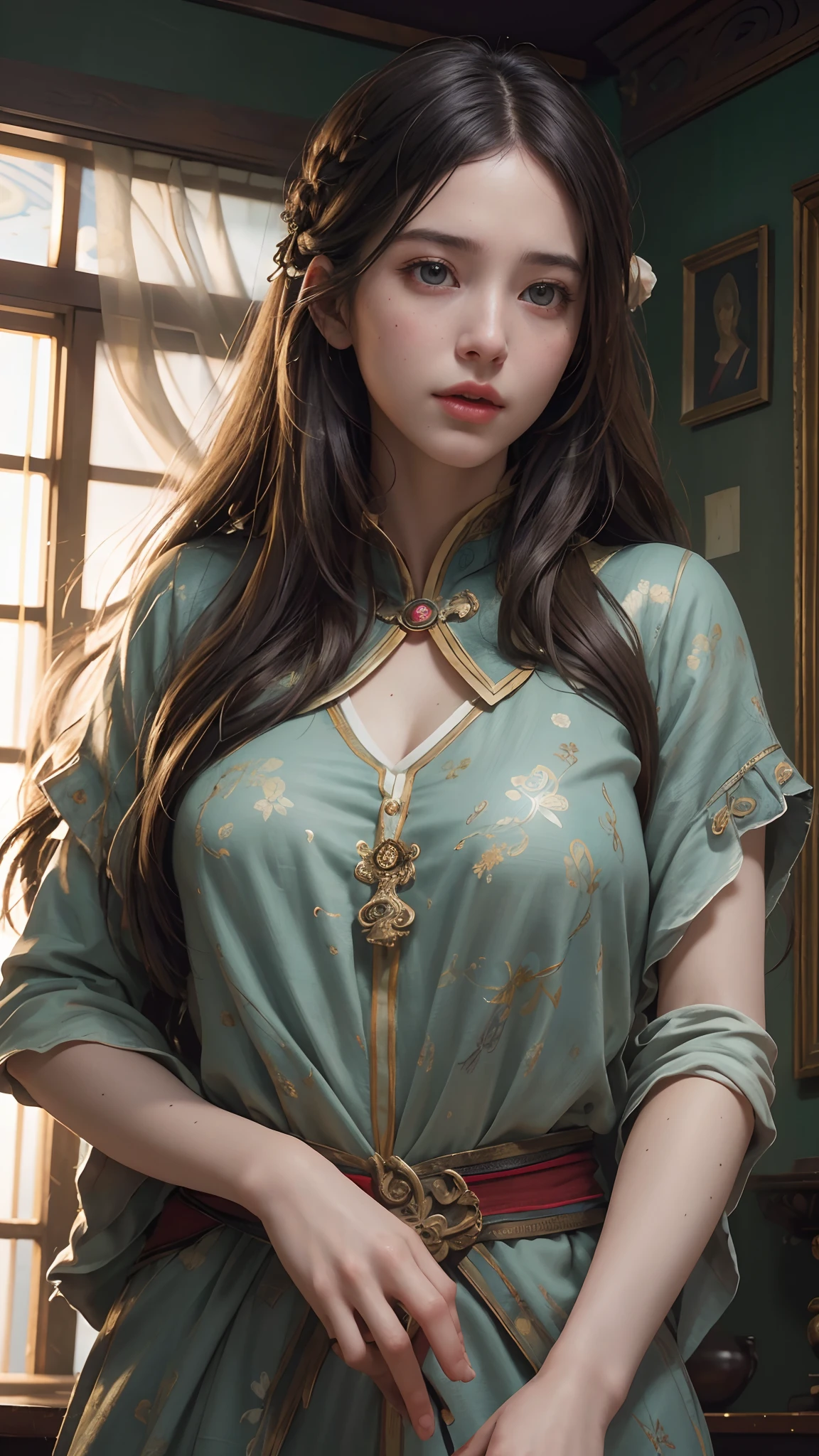 (RAW photo, best quality), (realistic, photo-realistic:1.3),best quality,highly detailed,masterpiece,ultra-detailed,illustration,1girl,upper_body,dynamic angle,world masterpiece theater,messy_long_hair,best quality,extremely detailed CG unity 8k wallpaper,ink,Amazing,cinematic lighting,lens_flare,,dunhuang_style