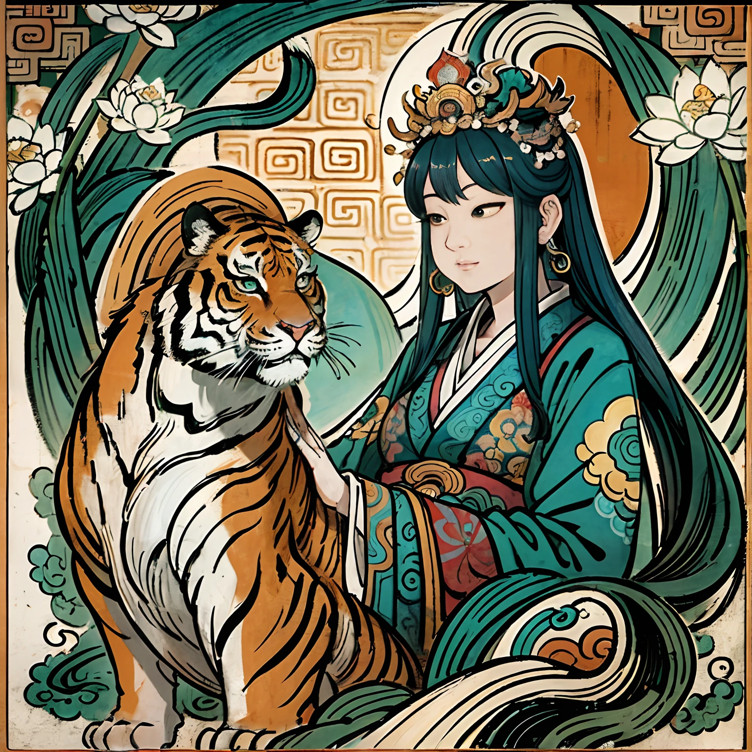an ancient Chinese goddess, guanyin of the southern seas, Guanyin, Inspired by India, Avalokiteshvara rides a tiger,,Serene expression,shui mo hua,Buddha,Buddhist,Lotus,Chinese painting style,Thangka style