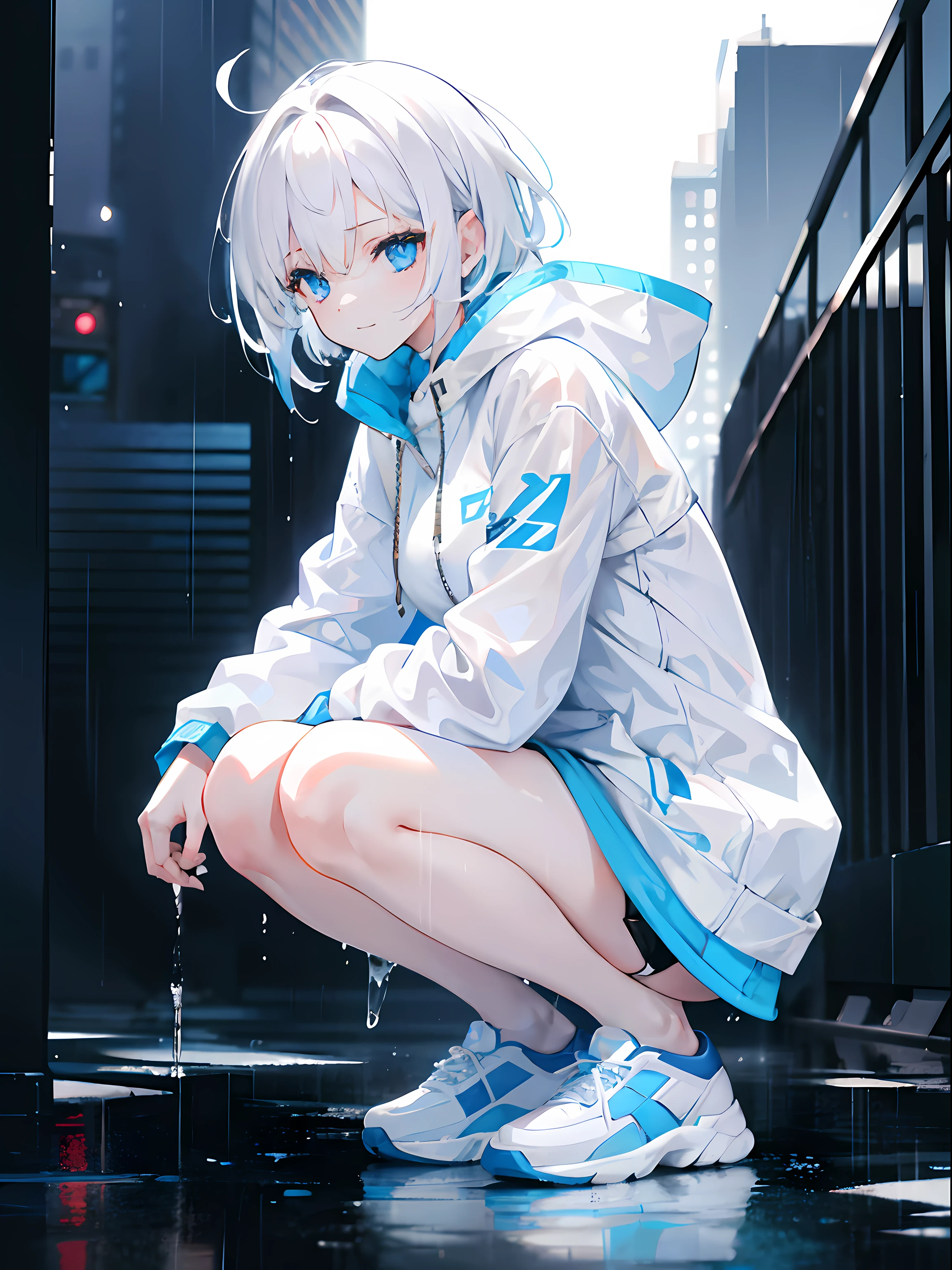 1 female body,Squat,Fit your body, white short messy hair, Sky blue eyes, White coat with blue pattern,Short white dress,ssmile,athletic sneakers ,rained,Wet ground,Rain on the body,sharp-focus,A high resolution, ultrasharp, 8K, Masterpiece,