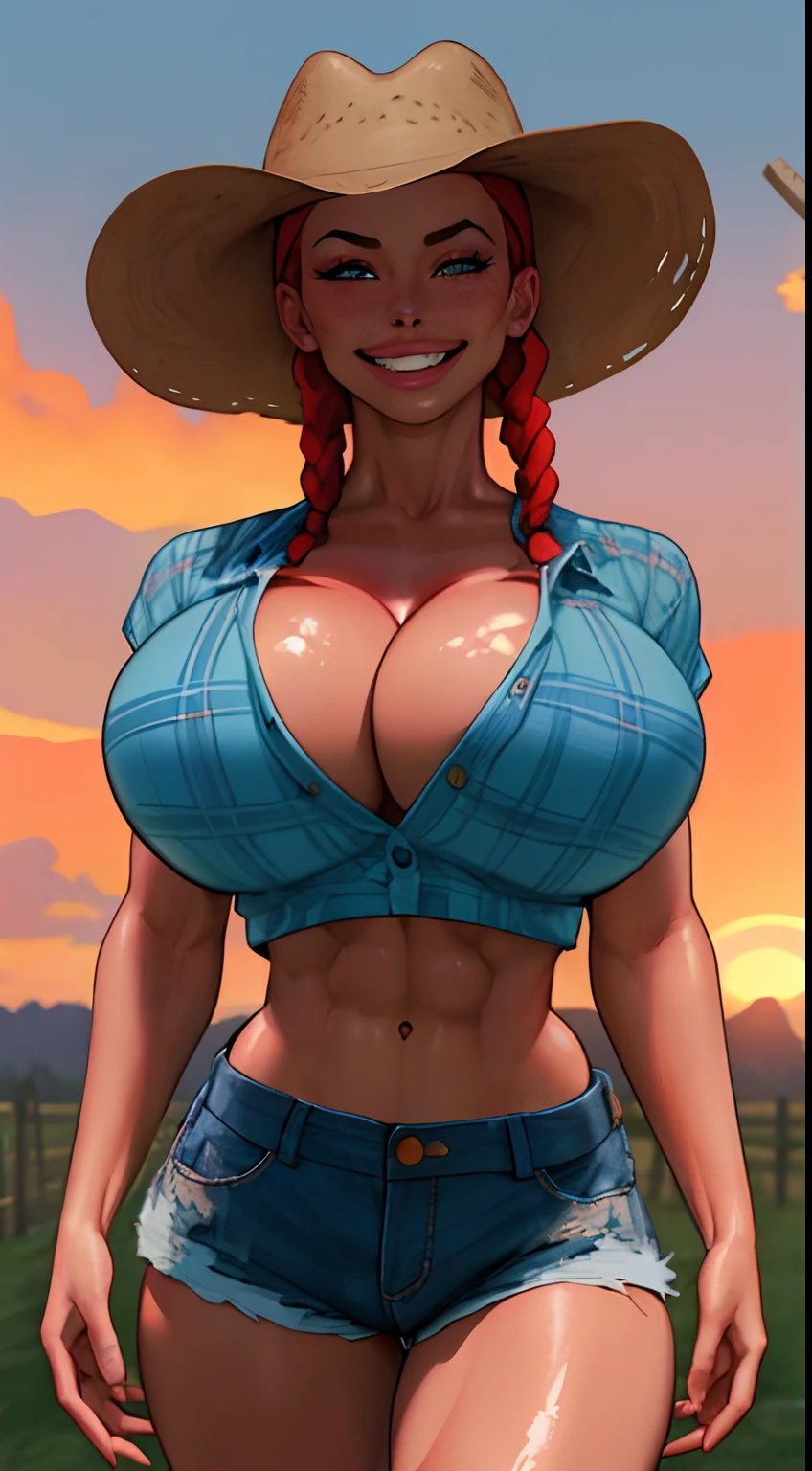 1girl, beautiful, perfect lighting, muscular, thick thighs, (gigantic breasts:1.5) (perky breasts) mature female, milf, navel, abs, looking at viewer  (masterpiece, high quality:1.1) ,cowboy hat,body freckles,barn, (((pale skin))), red hair, braids, short shorts, blue plaid shirt, skindentation, cleavage, grin, horses in background, sunset