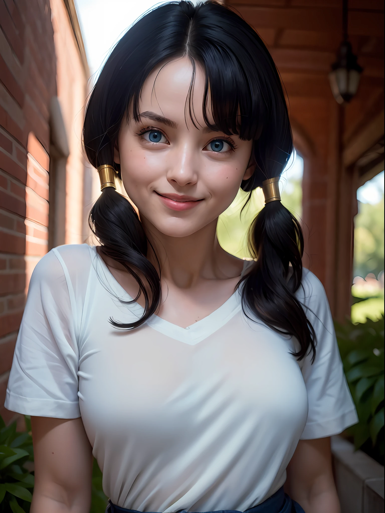 ((Masterpiece:1.4)), (high resolution:1.4), (close up:1.5), (sexy smile), videl2, solo, blue eyes, black hair, twintails, black gloves, bike_shorts, bangs, white shirt, badge, medium breasts, cowboy shot, smile, arm behind back, garden, looking at viewer, beautifull smile, beautiful face, highly detailed skin, skin pores,(highly detailed face:1.1), (highly detailed eyes:1.1), realistic pupils, full face blush, full lips, (perfect anatomy:1.1), (perfect proportions:1.1), (photography:1.1), (photorealistic:1.1), volumetric lighting, dynamic lighting, real shadows, (highres:1.1), sharp focus, rembrandt lighting, (realistic, hyperrealistic:1.4), intricate, high detail, dramatic, subsurface scattering, big depth of field, vivid, polished, sharpened, ((full Sharp)), (extremely absurdres),16k hdr,