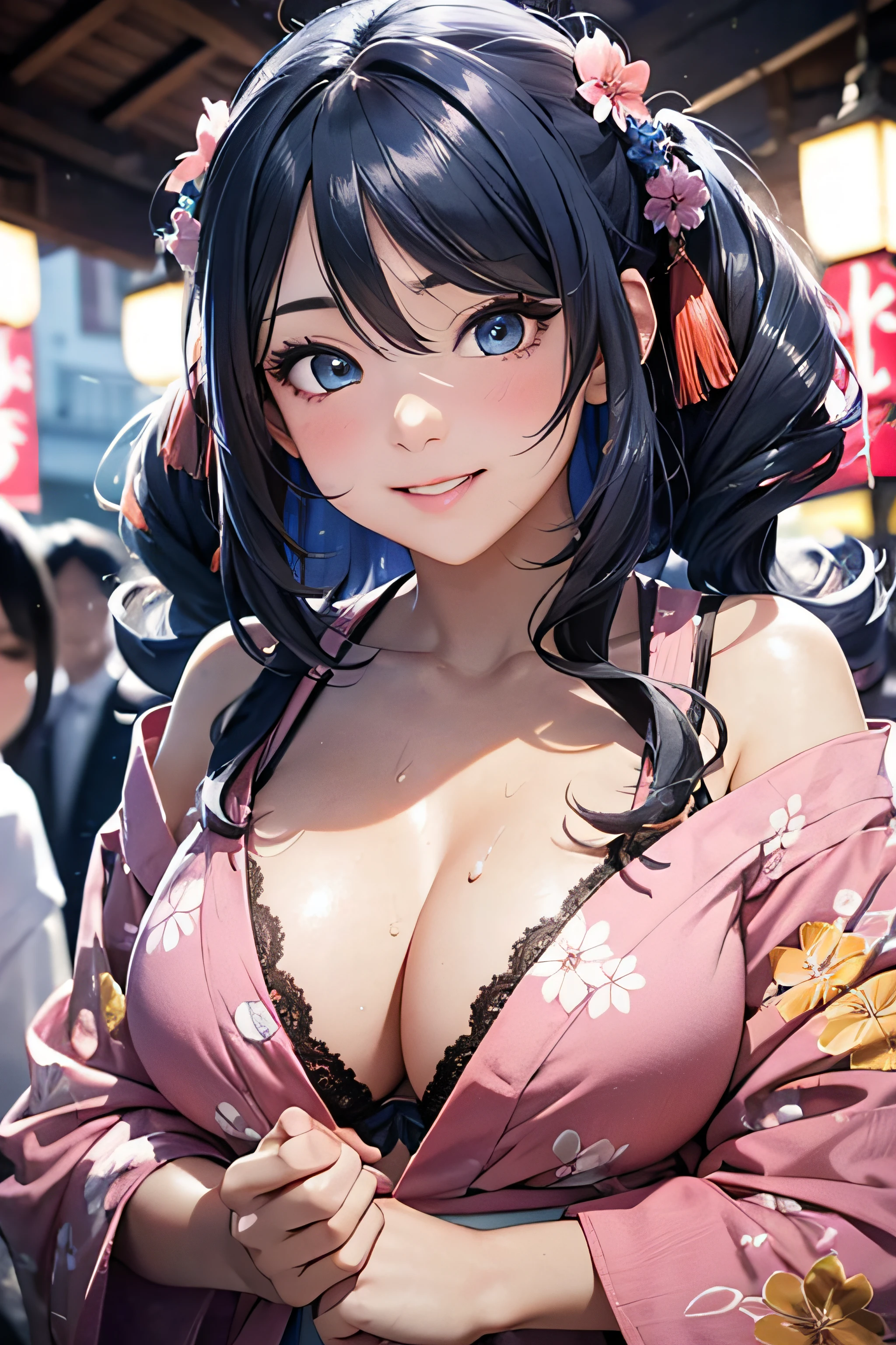 8K、top-quality、masutepiece、An ultra-high picture quality、ultra-detailliert、Ultra-realistic hair quality、Vibrant colors、Beautuful Women、Beautiful long hair、smooth hair、detailed hairs、blue hairs、poneyTail、Blue eyes、shinny skin、Lace underwear、Very gigantic-breasts、Sweat on the forehead and cheeks、extremely big ass、Fluffy off-shoulder yukata、A smile、pink tongue、Ultra-realistic flesh feeling、Red cheeks、summer festival in background