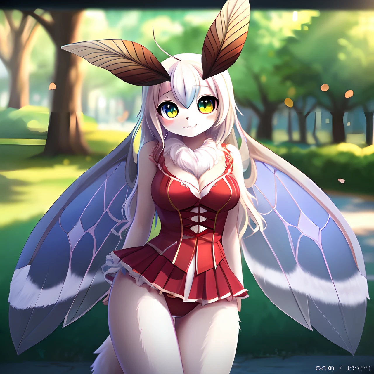 ((cute anthro moth)), insect girl, insect eyes, female, heterochromia, with gray butterfly wings, full body covered with colorful fluffy fur, full body, intricate, detailed, sharp focus, blurry background, park background, trending on Pixiv, 4k