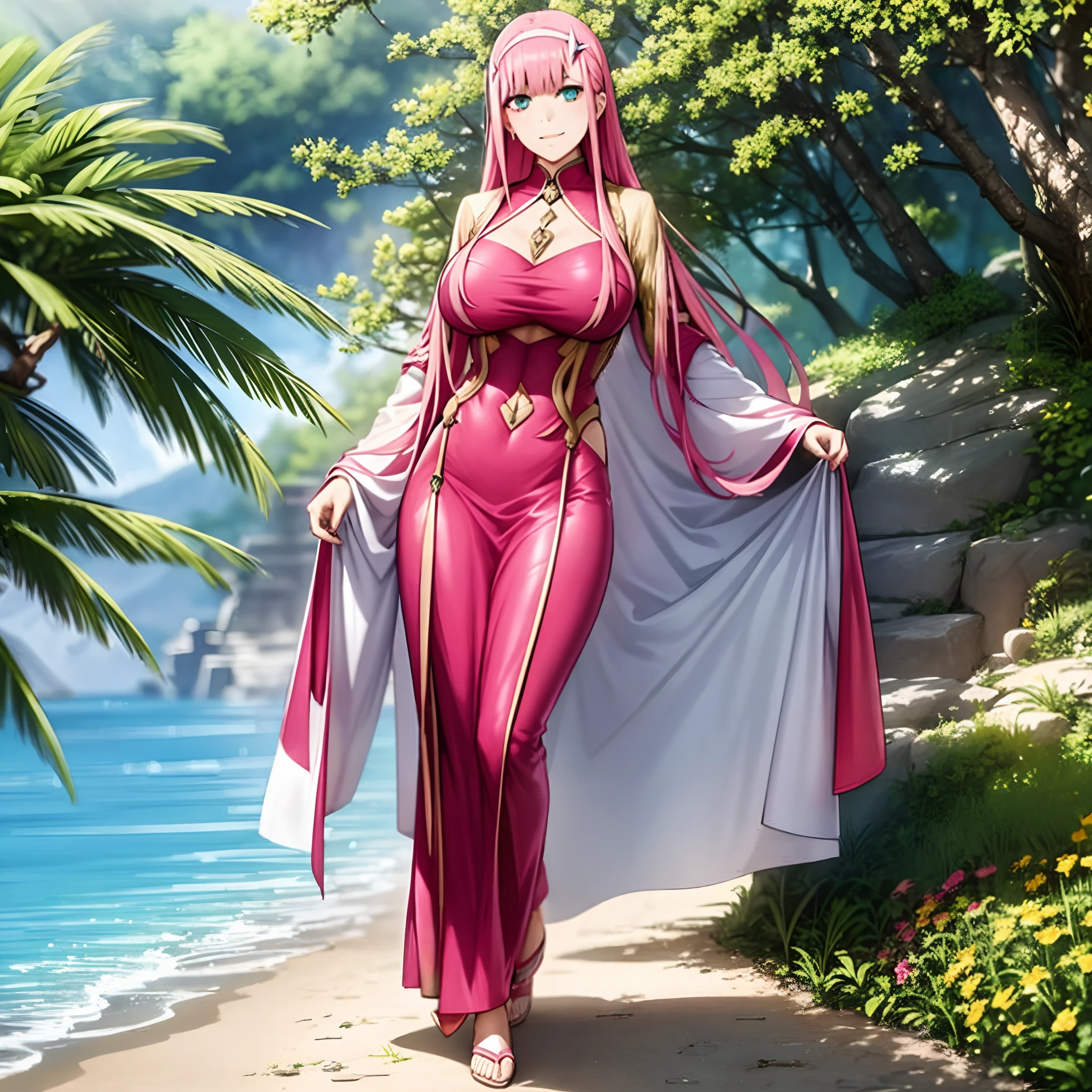 masterpiece, best quality, 1girl, looking at viewer, cute, beach, sunlight, ocean, medium breasts, thighhighs, black thighhighs, green eyes, zero two \(darling in the franxx\), pink hair, beautiful detailed eyes, beautiful detailed glow, lots of glow, arms behind head, embarrassed,, long dress, walking, long skirt, modest, victorian clothing, lodress, pants, smile, big breast, long skirt, skirt, pants, flipflops, priestess