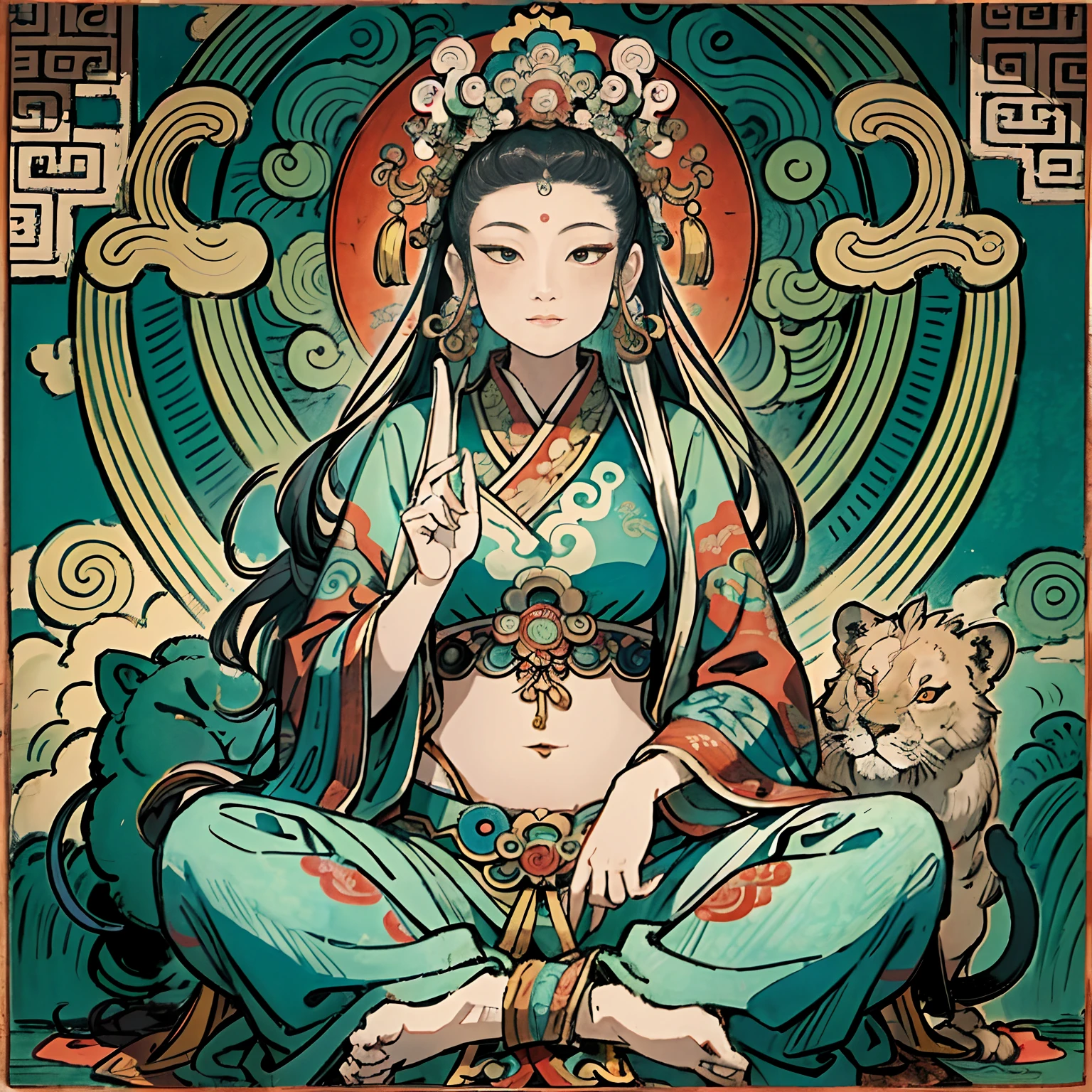 an ancient Chinese goddess, guanyin of the southern seas, Guanyin, Inspired by India, Avalokiteshvara rides a lion，,Serene expression,shui mo hua,Buddha,Buddhist,Lotus,Chinese painting style,Thangka style