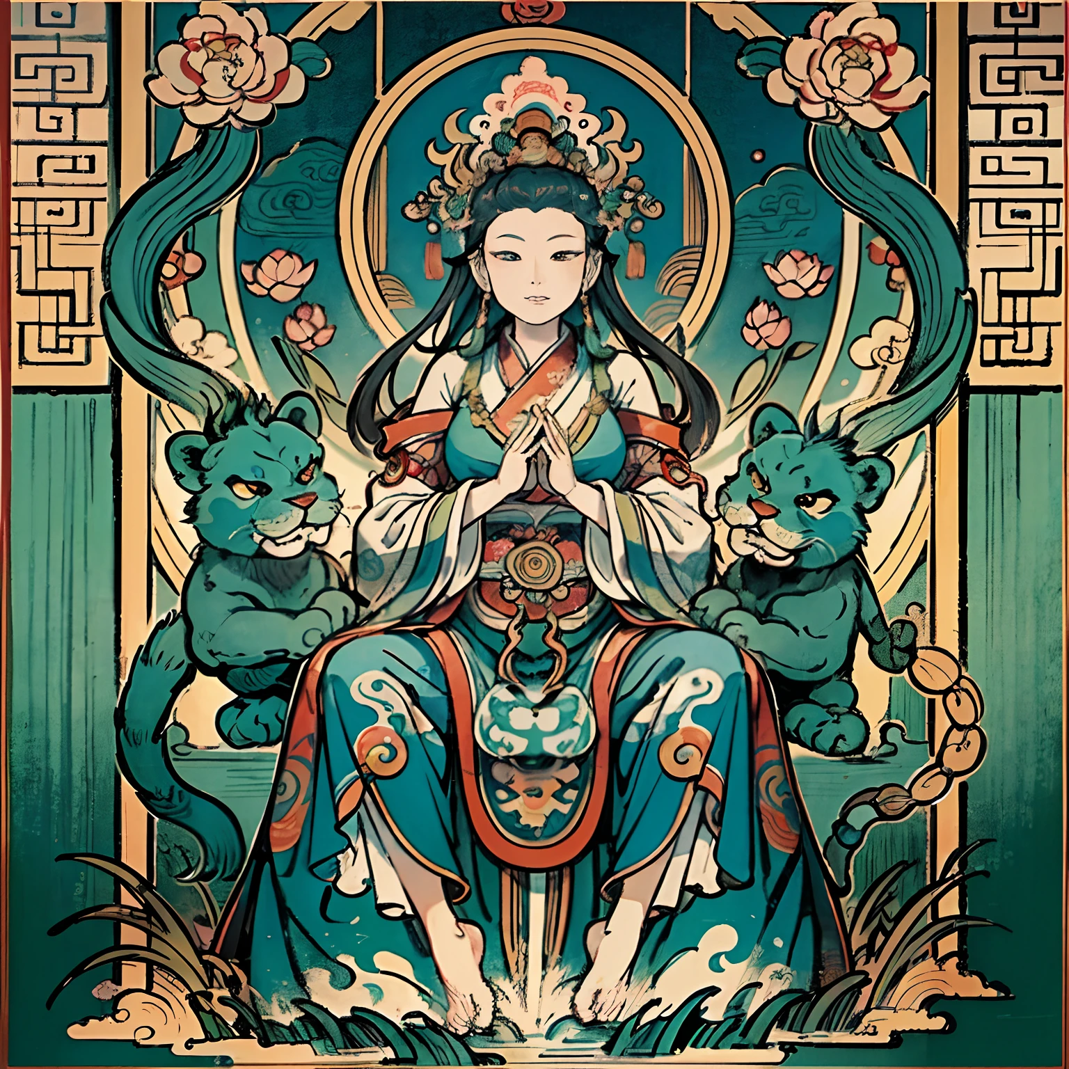 an ancient Chinese goddess, guanyin of the southern seas, Guanyin, Inspired by India, Avalokiteshvara rides a lion,,Serene expression,shui mo hua,Buddha,Buddhist,Lotus,Chinese painting style,Thangka style