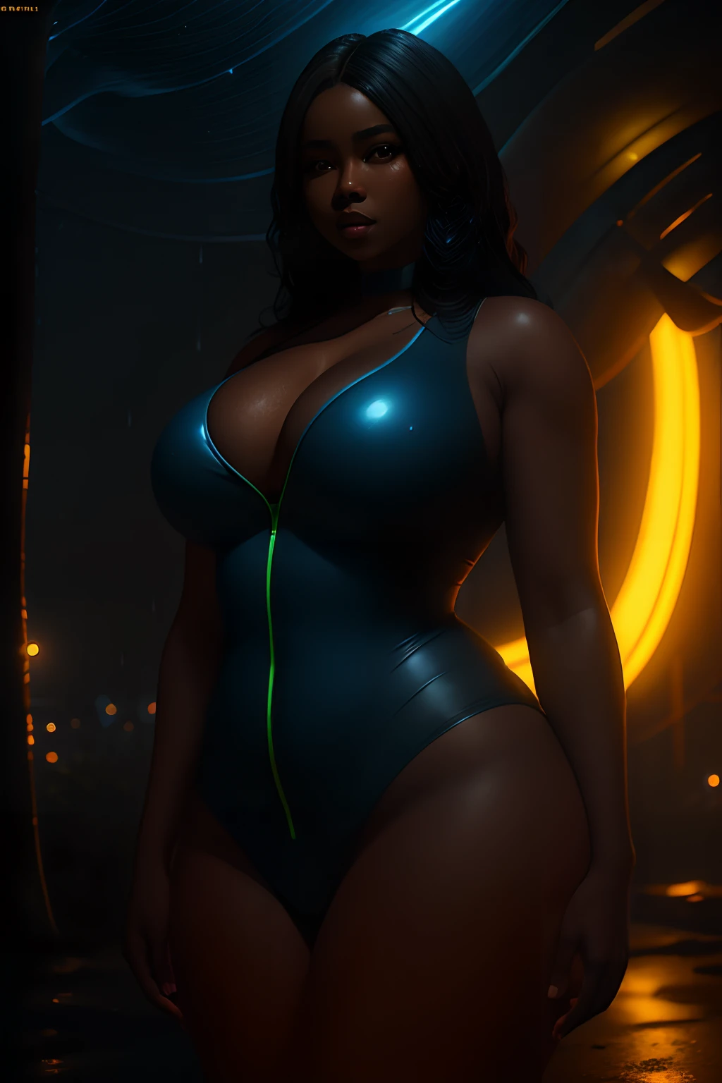 Black woman beautiful face and curvy body, standing in a blue neon lit banana plantation, raining at night time, photorealistic image, 8k, ultra HD, unreal engine rendered, cinematic lighting, artgerm style,