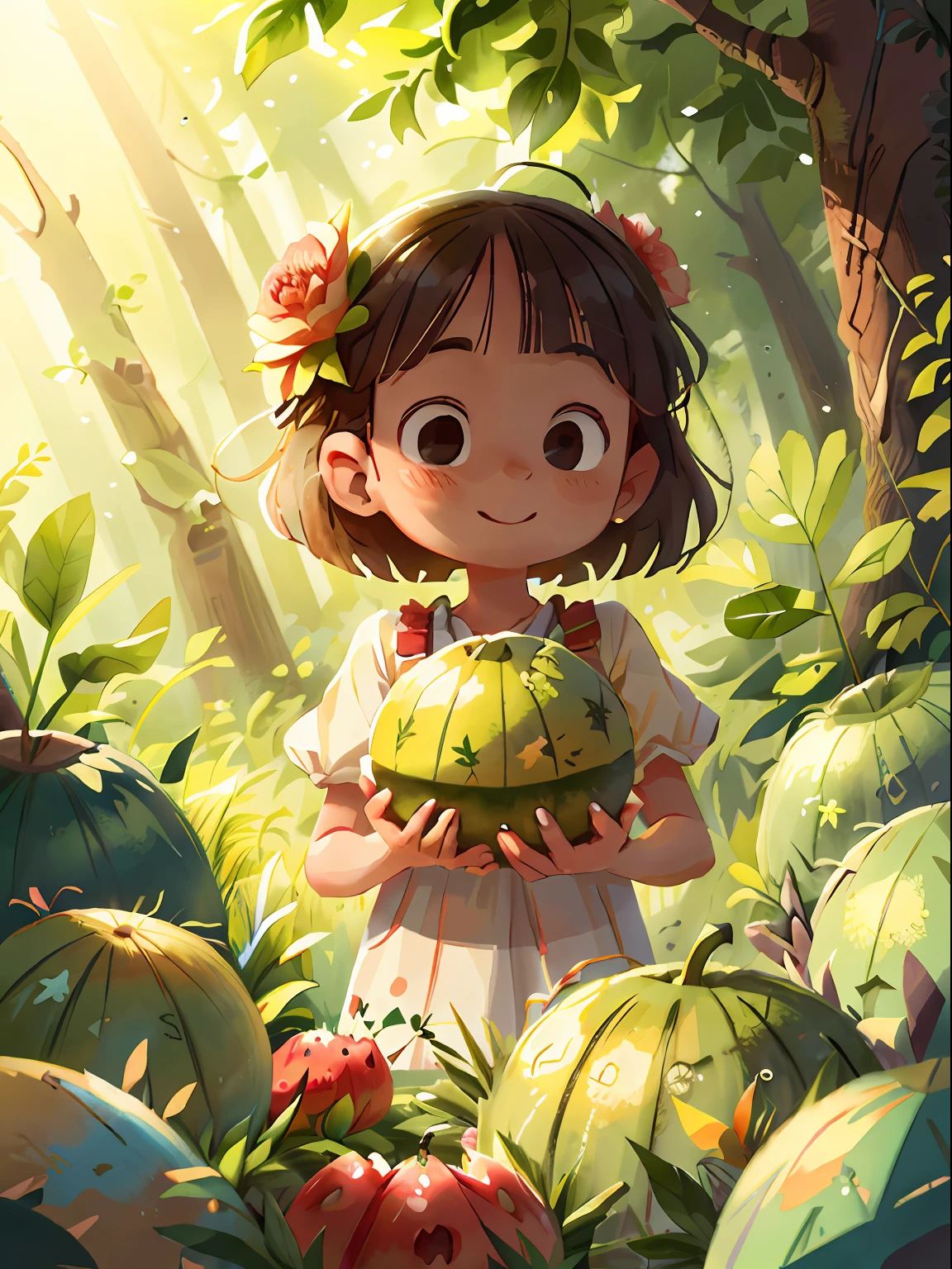In summer, girls hold cut watermelons, happy, background is forest, perfect quality, clear focus, colorful, perfect face, intricate details, ultra-low viewing angle, wide angle lens
