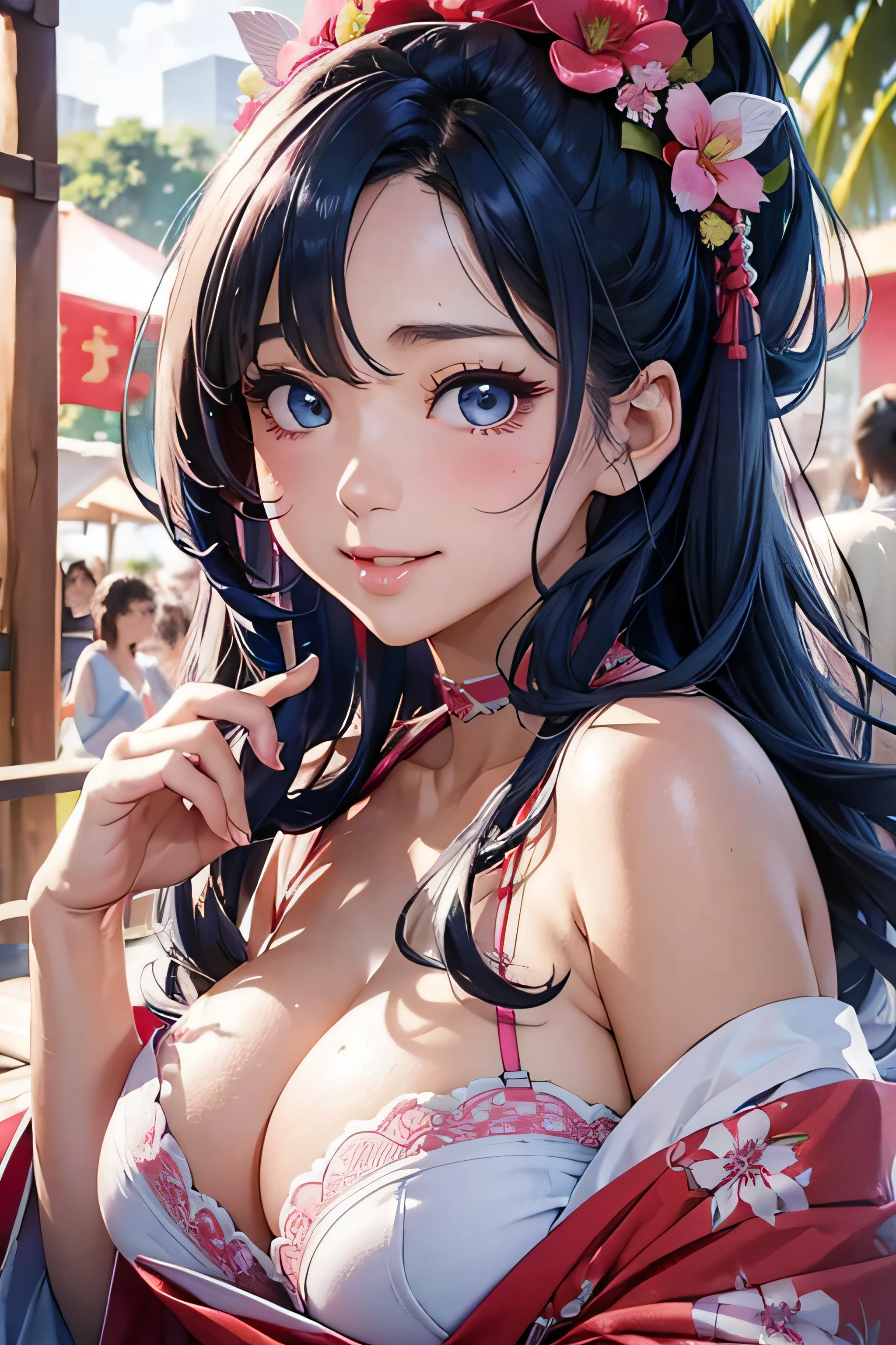 8K、top-quality、masutepiece、An ultra-high picture quality、ultra-detailliert、Ultra-realistic hair quality、Vibrant colors、Beautuful Women、Beautiful long hair、smooth hair、detailed hairs、blue hairs、poneyTail、Blue eyes、shinny skin、Lace underwear、Very gigantic-breasts、Sweat on the forehead and cheeks、extremely big ass、Fluffy off-shoulder yukata、A smile、pink tongue、Ultra-realistic flesh feeling、Red cheeks、summer festival in background
