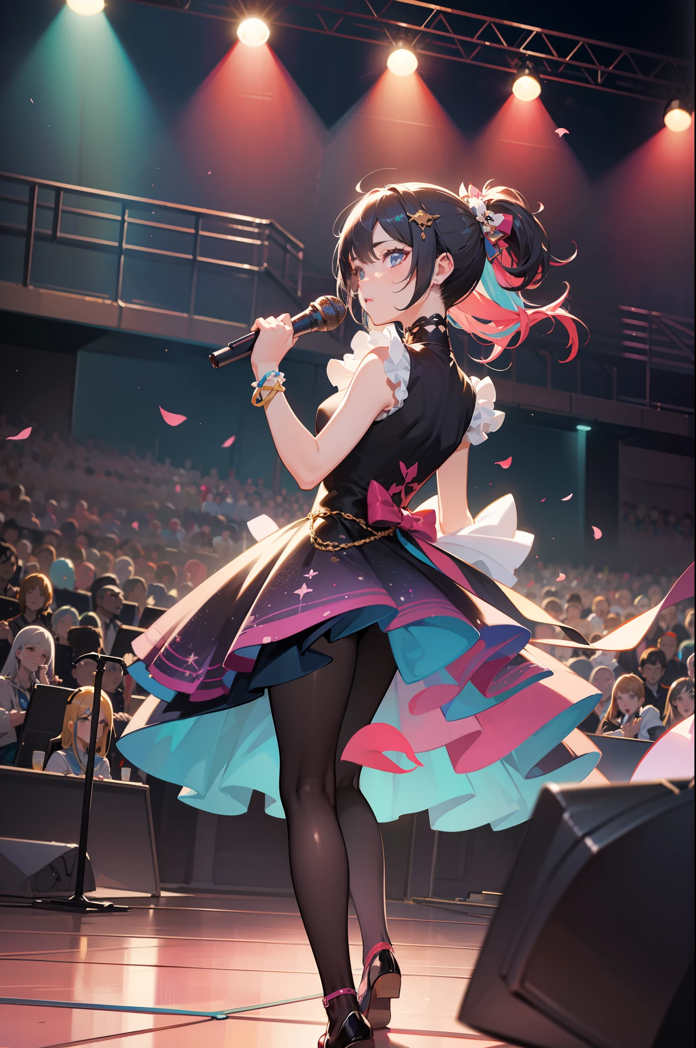 An anime-style idol performing live on stage in a concert hall, painted with vibrant colors, surrounded by a sea of fans, in an illustrative, hyper-detailed style by Yoko Tsukamoto, with a dramatic focus on her face, trending on Artstation, and visualized with realistic lighting effects