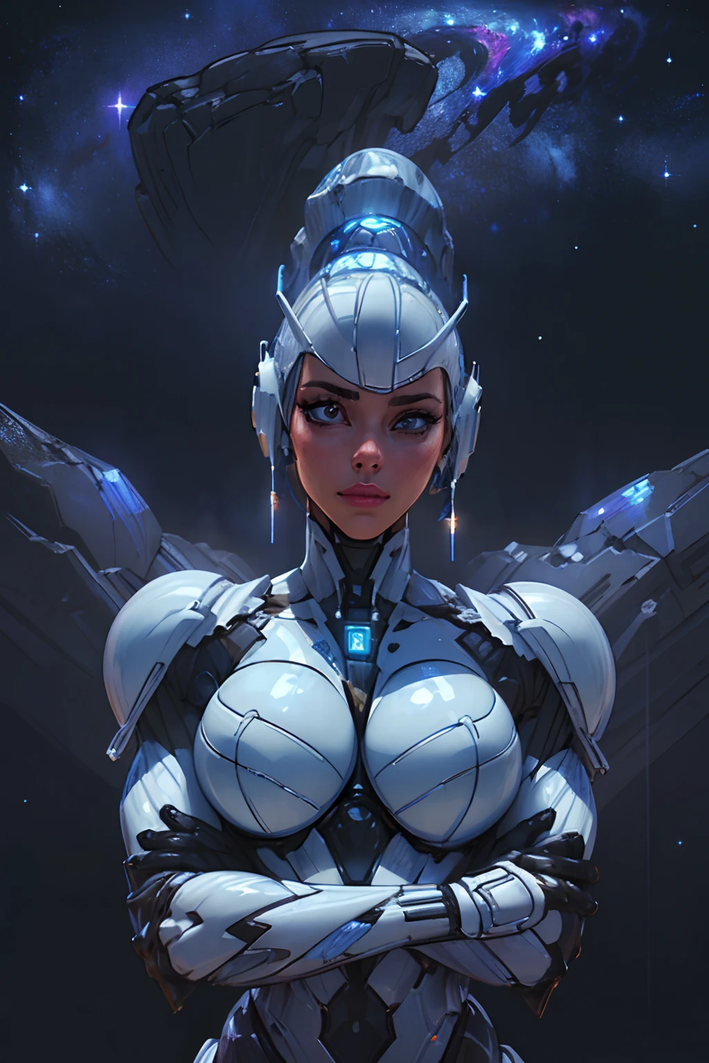 RAW, 1girl, colorful, ((white matte armor, blue lights )), (masterpiece, best quality), (detailed skin:1.3, detailed face:1.3), dslr, realistic, (((seductive pose, detailed galaxy landscape))), delicate, soft colors, cinematic lighting