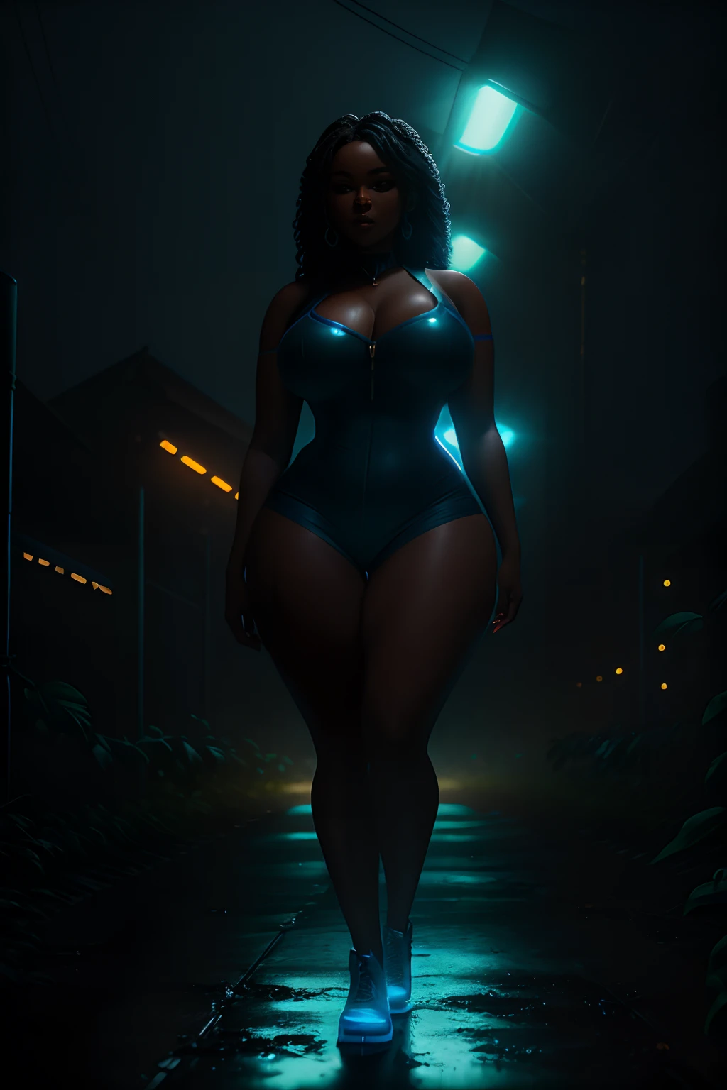 Black woman beautiful face and curvy body, standing in a blue neon lit banana plantation, raining at night time, photorealistic image, 8k, ultra HD, unreal engine rendered, cinematic lighting, artgerm style,