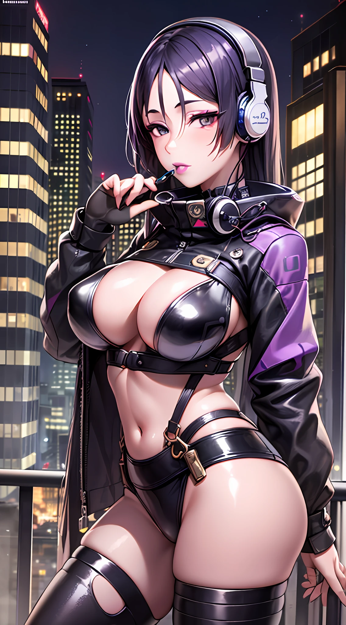 Masterpiece, high definition, high quality, detailed face, detailed body rendering, 1 girl, solo, latex tights, bright purple lip gloss, black eye shadow, no bra standing, blush, cyberpunk city, rooftop, night, glamorous, (without shoes: 1.8), headphones, katana, face barcode tattoo