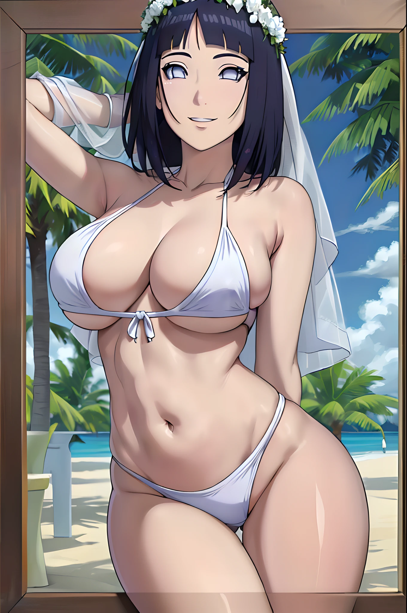 (WALLPAPER, masterpiece, 1k, anime style:1.9, ((inside photo frame), photo, detailed beach background, looking at viewer, big breasts, big boobs, open mouth, high color saturation, bold lines, bold drawing lines, (strong arms, armband, flat belly, groin, hands behind back), detailed bold arm lines), (strong arms, armband), strong light on body, plain, bare body, (large breasts, perky boobs), minimum clothing, taking off shirt, bare shoulders, bare chest, polished nails, seductive, (very tight plain white micro bikini, wedding veil, flower wedding crown), no shirt, showing off), hinata\(boruto\), mature female, sunbathing, milf, (curvy:0.8), solo, (medium hair, hime cut), (dark blue hair color:1.1), white, flat belly, perfect eyes, white sciera, white eyes, anime eyes, smoky eyeliner, eyeshadow, perfect face, shy, sharp focus, professional artwork, intricate details, colorful, vibrant colors, vivid colors, digital blending, ultra detailed body, ultra detail hair, ultra detail face, trending on pixiv, smile, happy, very hot colors, sunny day, outdoor,