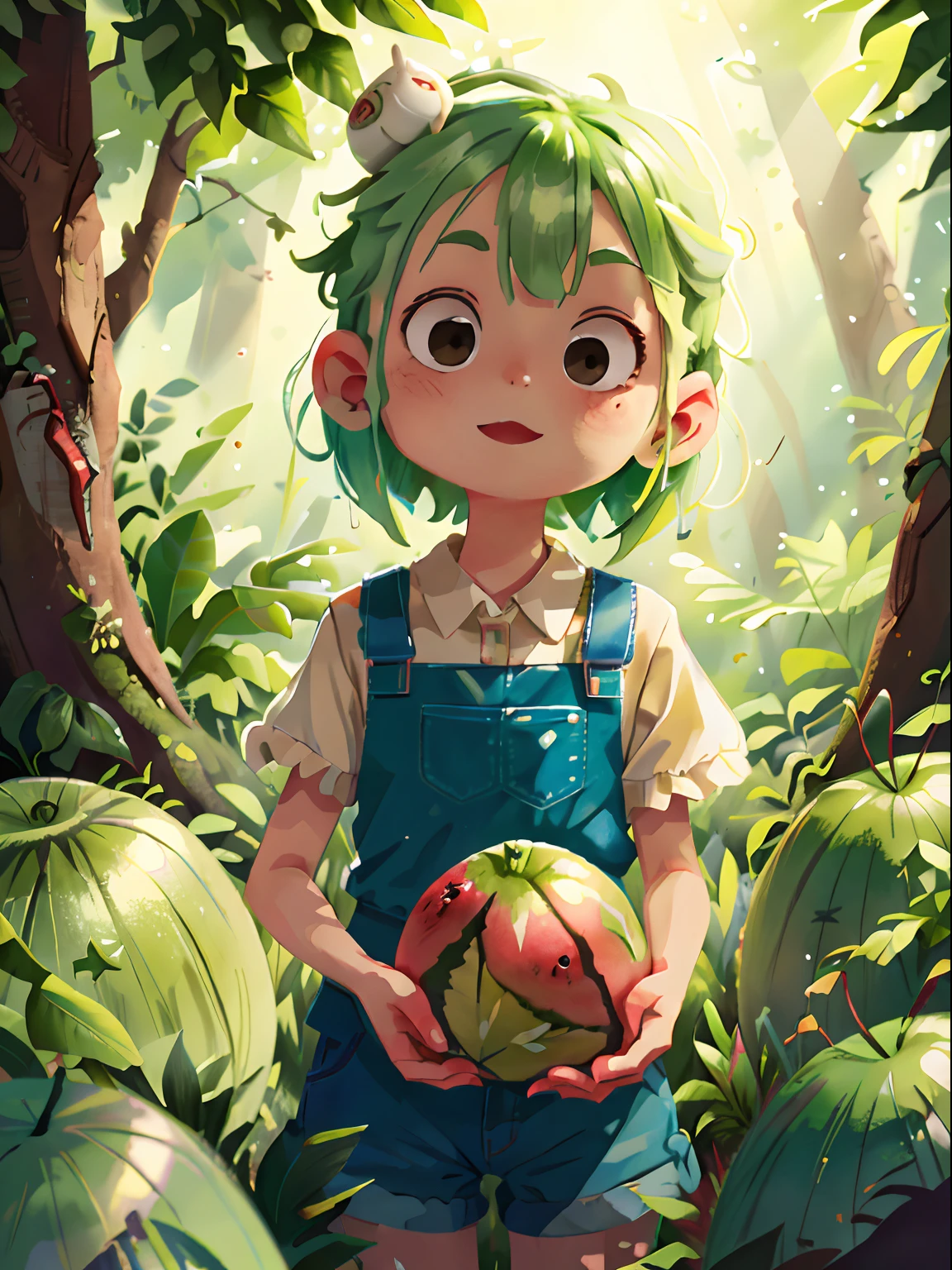 In summer, light green hair girl hold cut of watermelon, happy, background is forest, perfect quality, clear focus, colorful, perfect face, intricate details, ultra-low viewing angle, wide angle lens