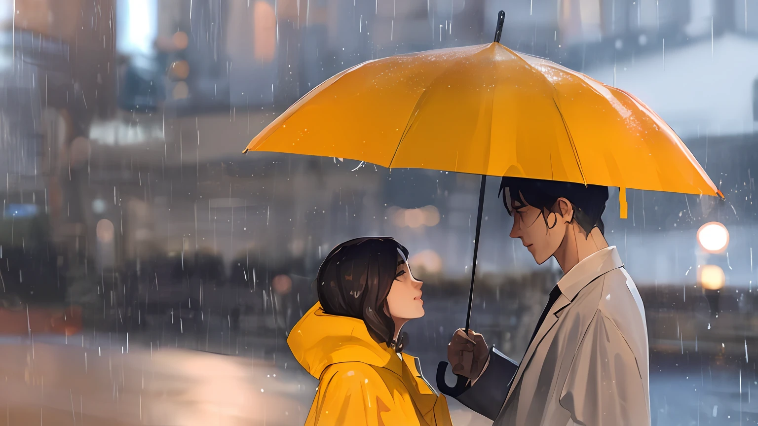 There is a man and a woman under an umbrella in the rain, cena de destaque do filme, Chovendo, ainda de um filme live action, cena do filme live action, guarda-sol amarelo, ainda de um filme, 8 k filme ainda, romantic lead, filme ainda quadro, cena de um filme, filme ainda 8K, captura de tela de um filme, brilhante da chuva