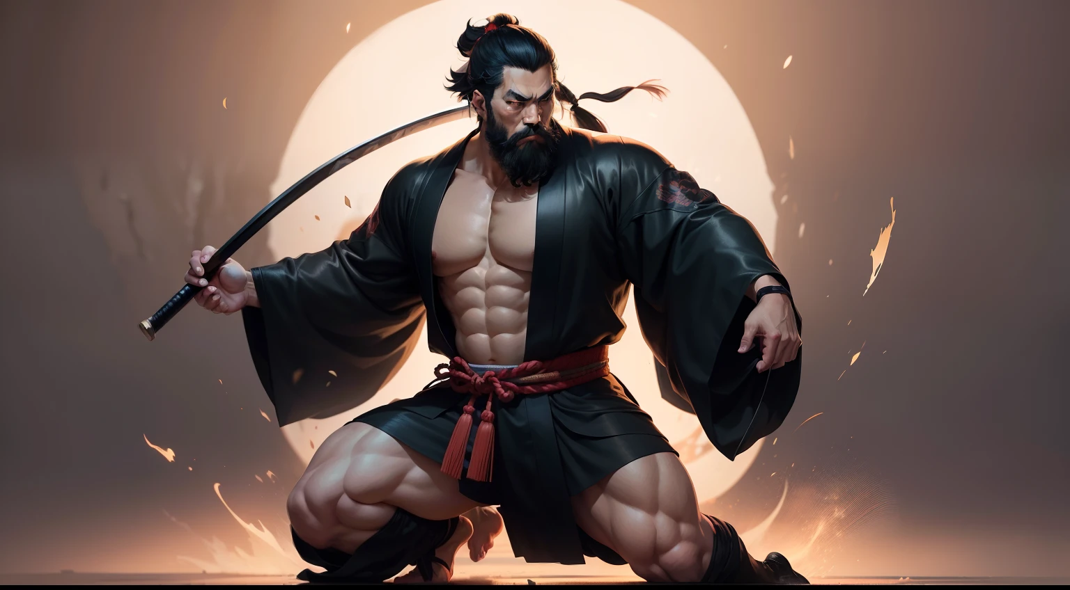 Mighty fighter, chest exposed, lower body unclothed from thighs to feet, adorned with a beaded beard, flowing long curls, detailed muscular physique, photorealistic depiction, 4K resolution. Background: Martial arts dojo,32k uhd, best quality, masterpiece, super detail, high details