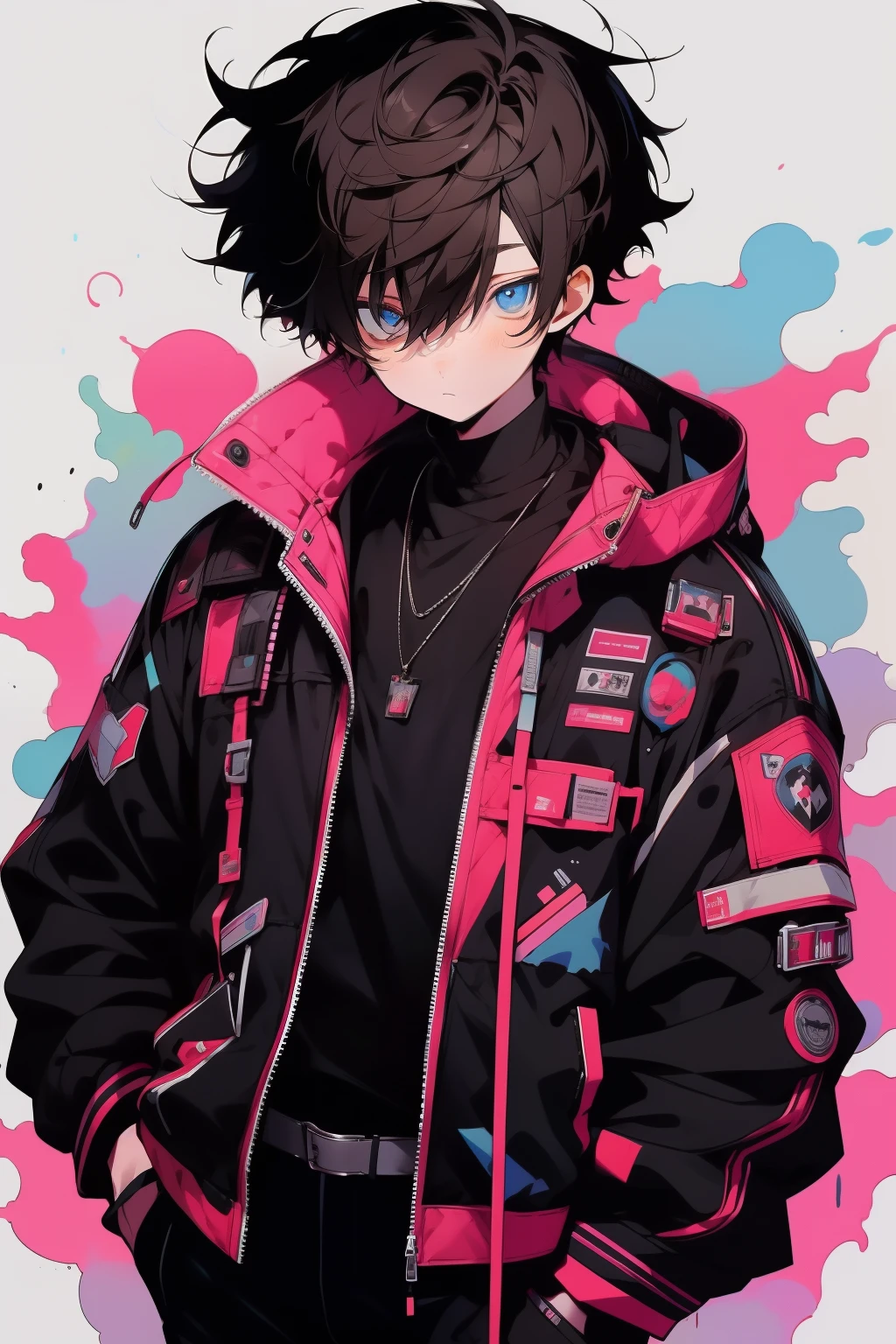 anime, boy, Brown hair, short hair, blue eyes, stylish jacket, black pants, Messy hair, has the body facing the viewer