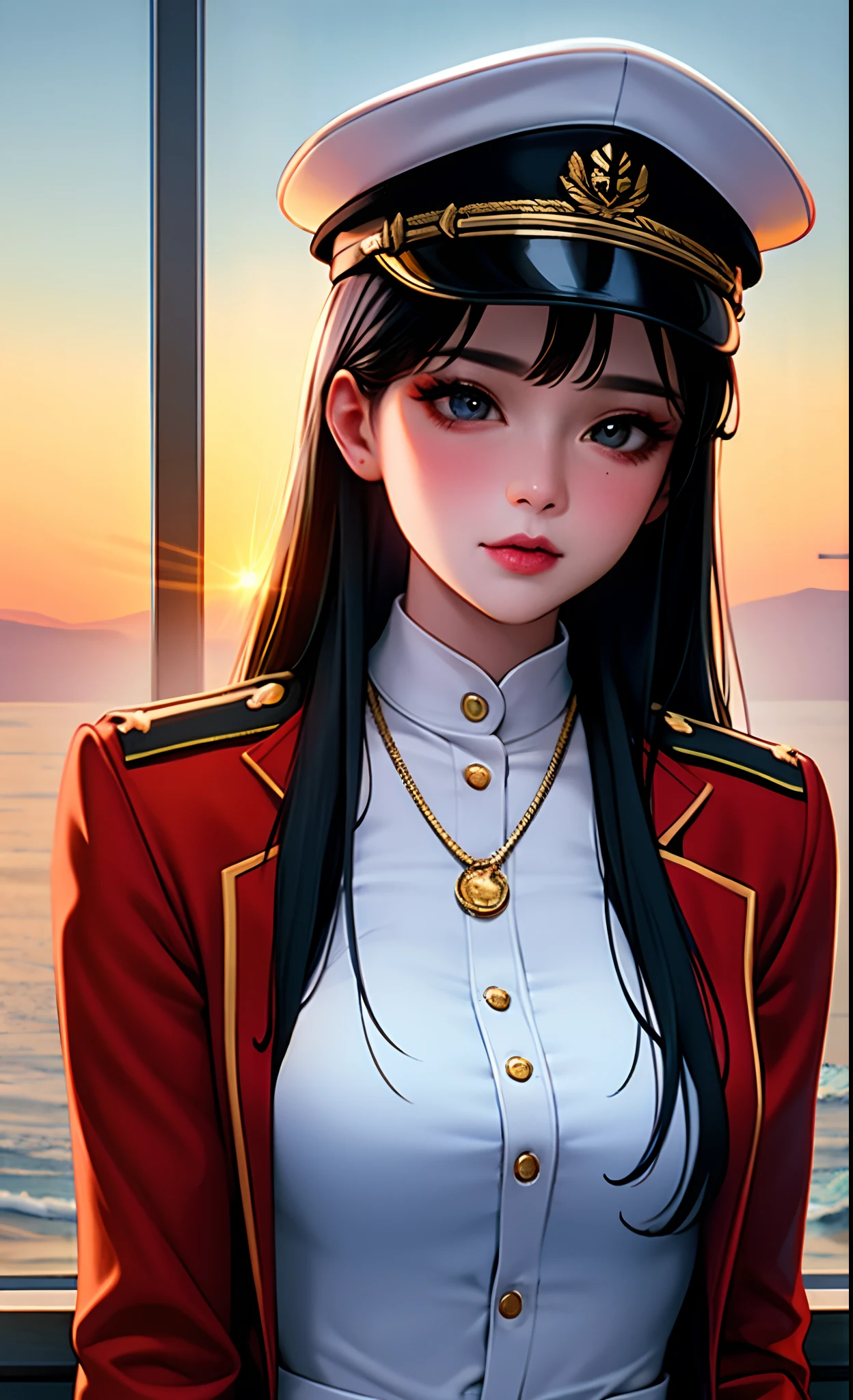 1 girl in、serene expressions、mesmerizing eyes、Straight long hair、White military uniform、White military hat,Clark Pose、Porcelain skin、subtle blush、Crystal Pendant BREAK Golden Hour、(Rim Lighting):1.2、Warm tones、Soft shadows、vivd colour、Beautiful sunset、On a warship,ultra-detailliert、Official Art、unity 8k wall paper、Zentangle,