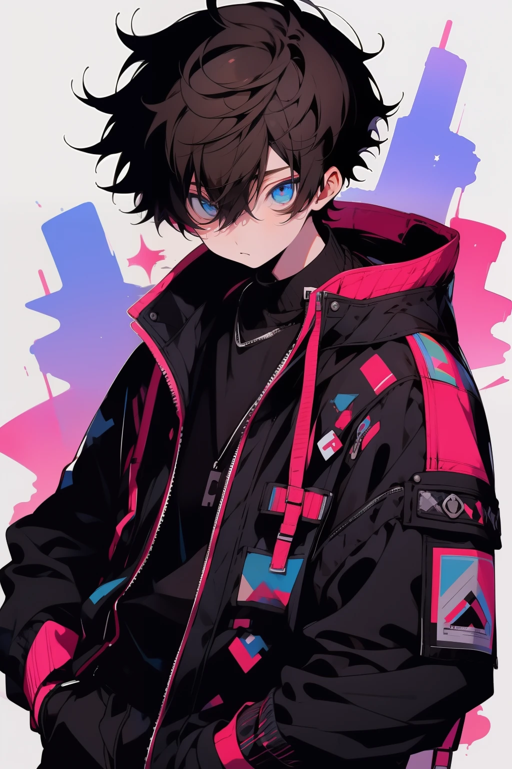 anime, boy, Brown hair, short hair, blue eyes, stylish jacket, black pants, Messy hair, has the body facing the viewer